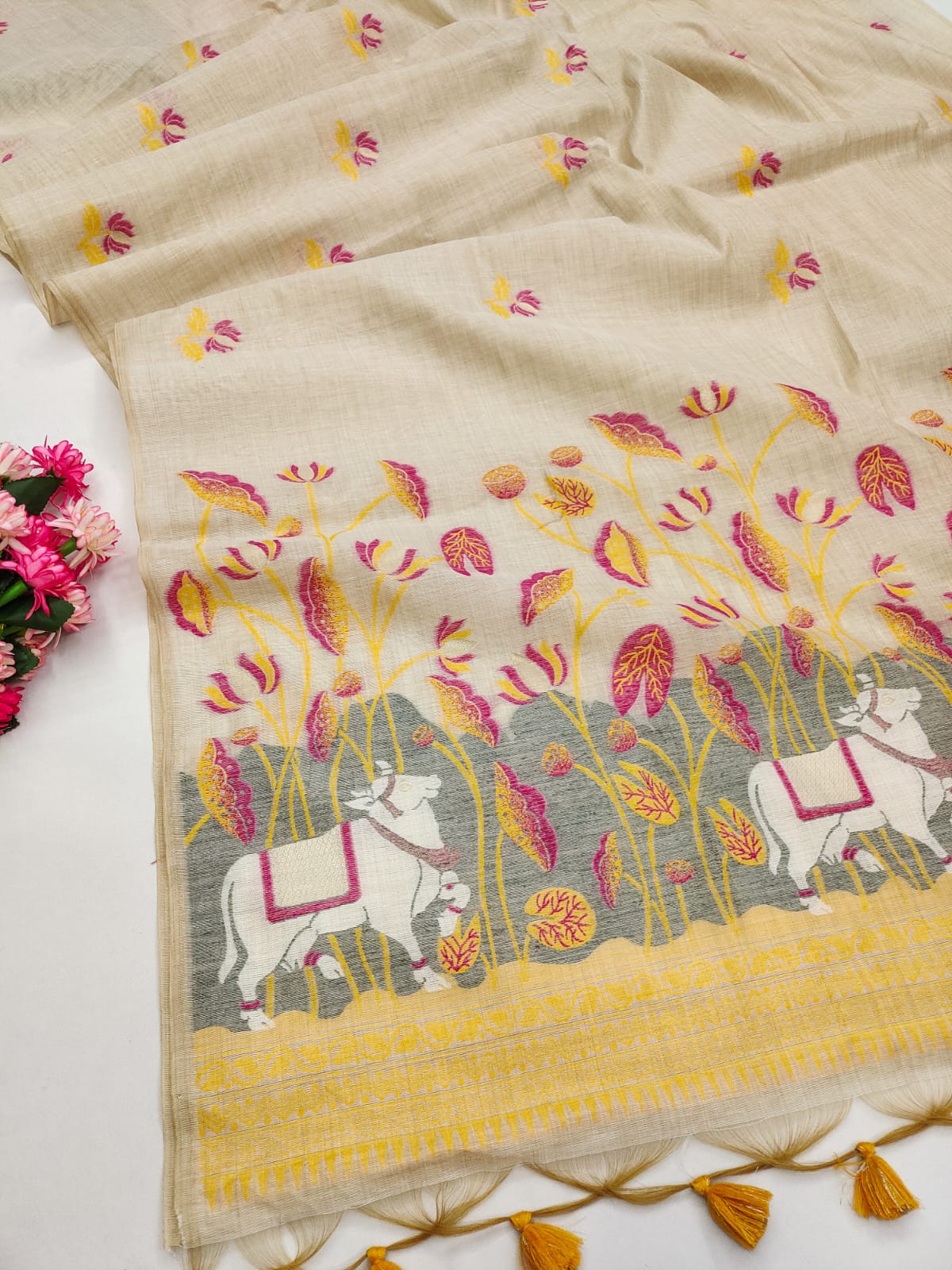 Cow- Pranshi Navy Pichwai Muga Cotton Saree