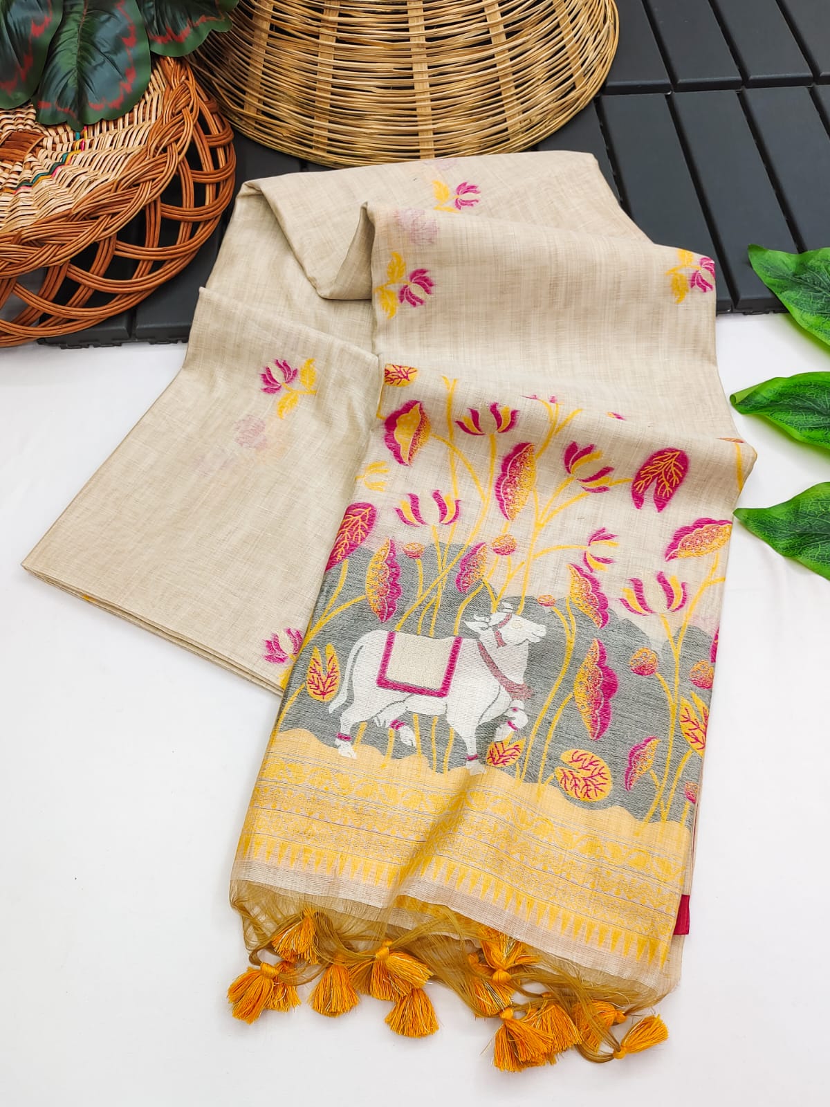 Cow- Pranshi Navy Pichwai Muga Cotton Saree