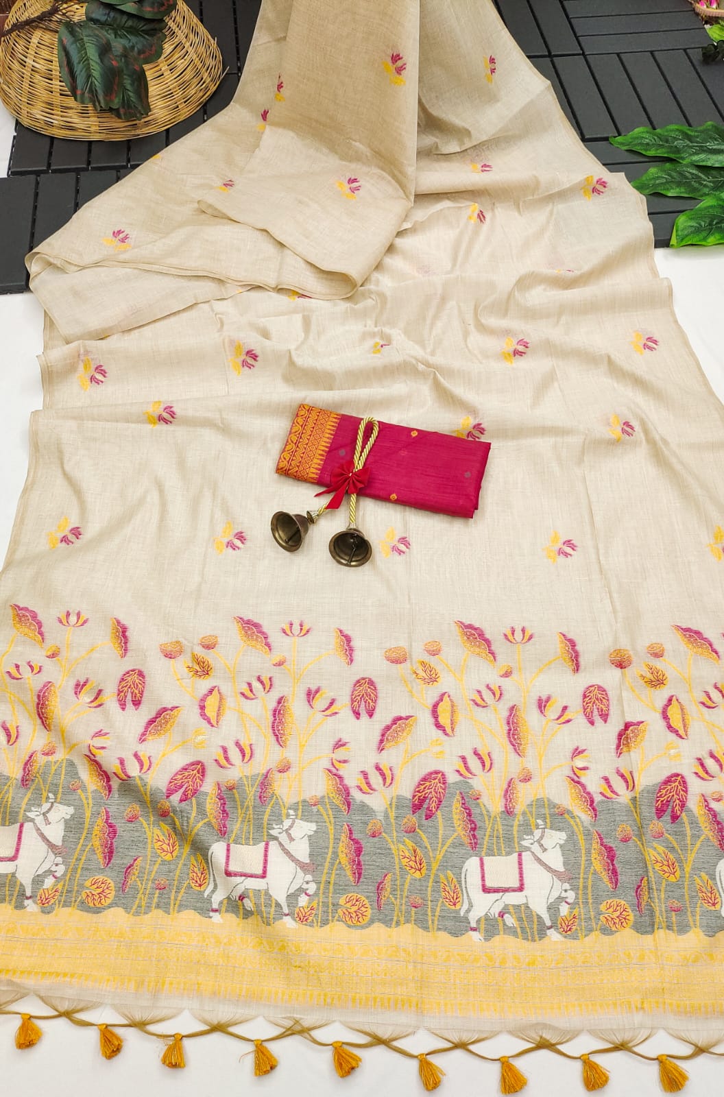 Cow- Pranshi Navy Pichwai Muga Cotton Saree