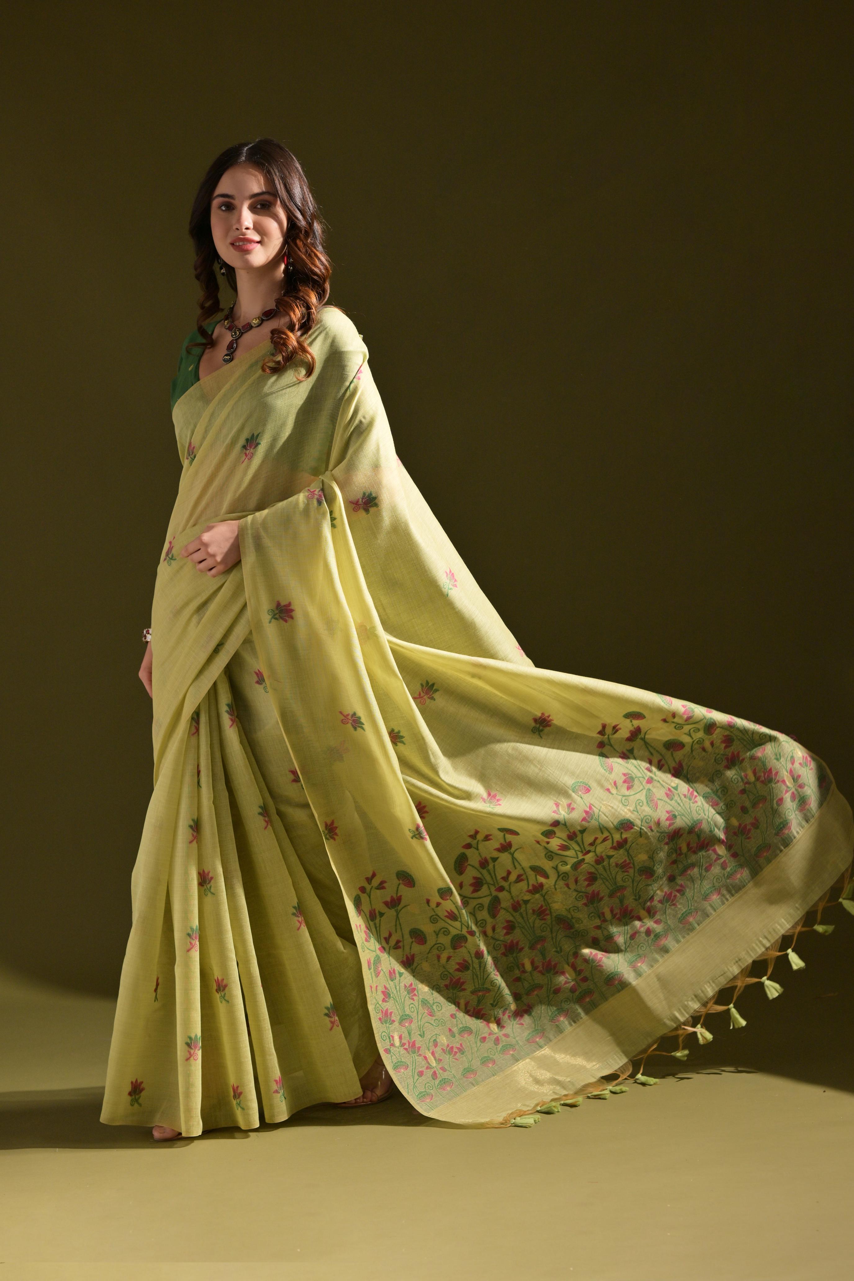 Noor- Muga cotton saree Temple Anarkali Gown is crafted with premium silk and traditional embroidery,