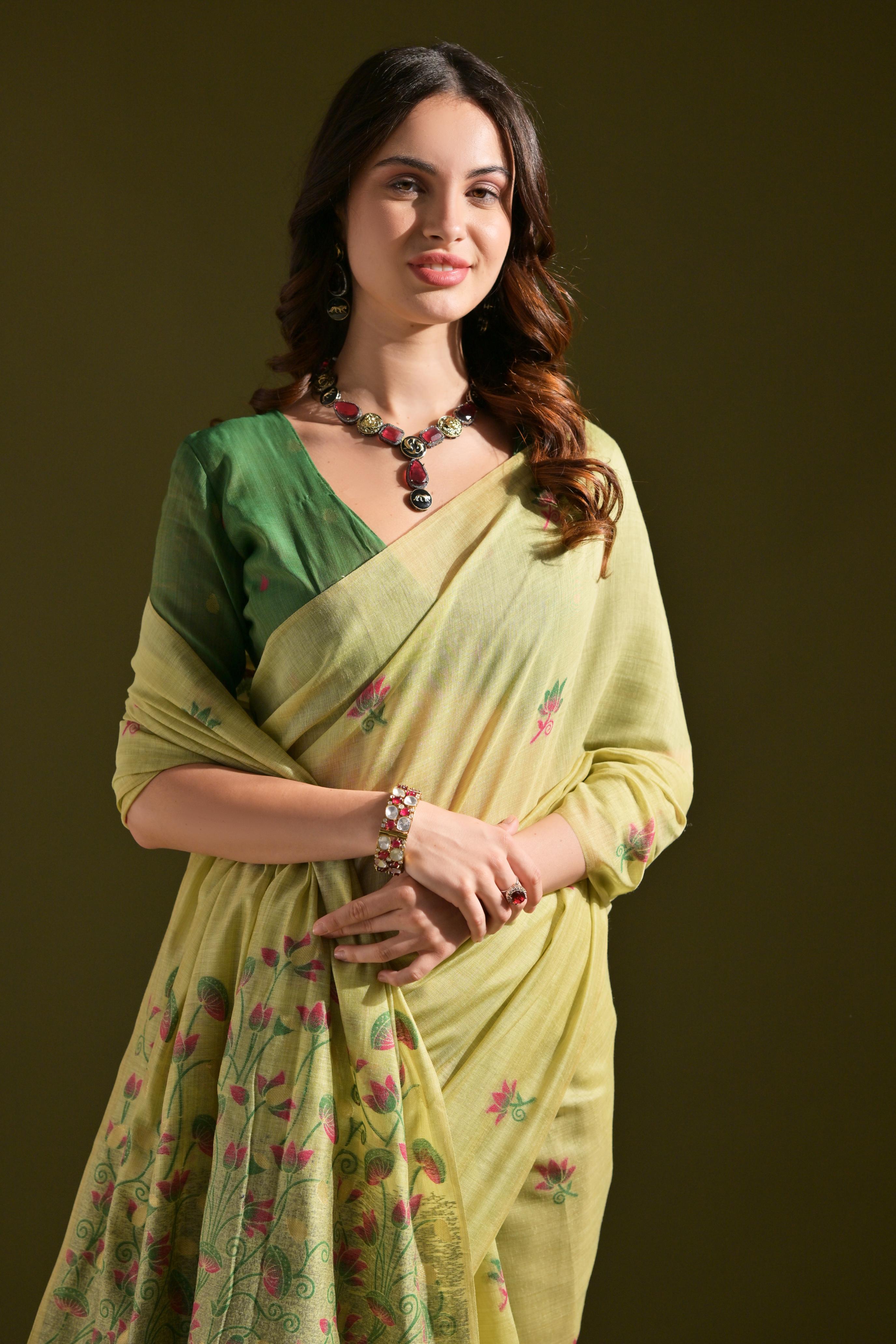 Noor- Muga cotton saree Temple Anarkali Gown is crafted with premium silk and traditional embroidery,