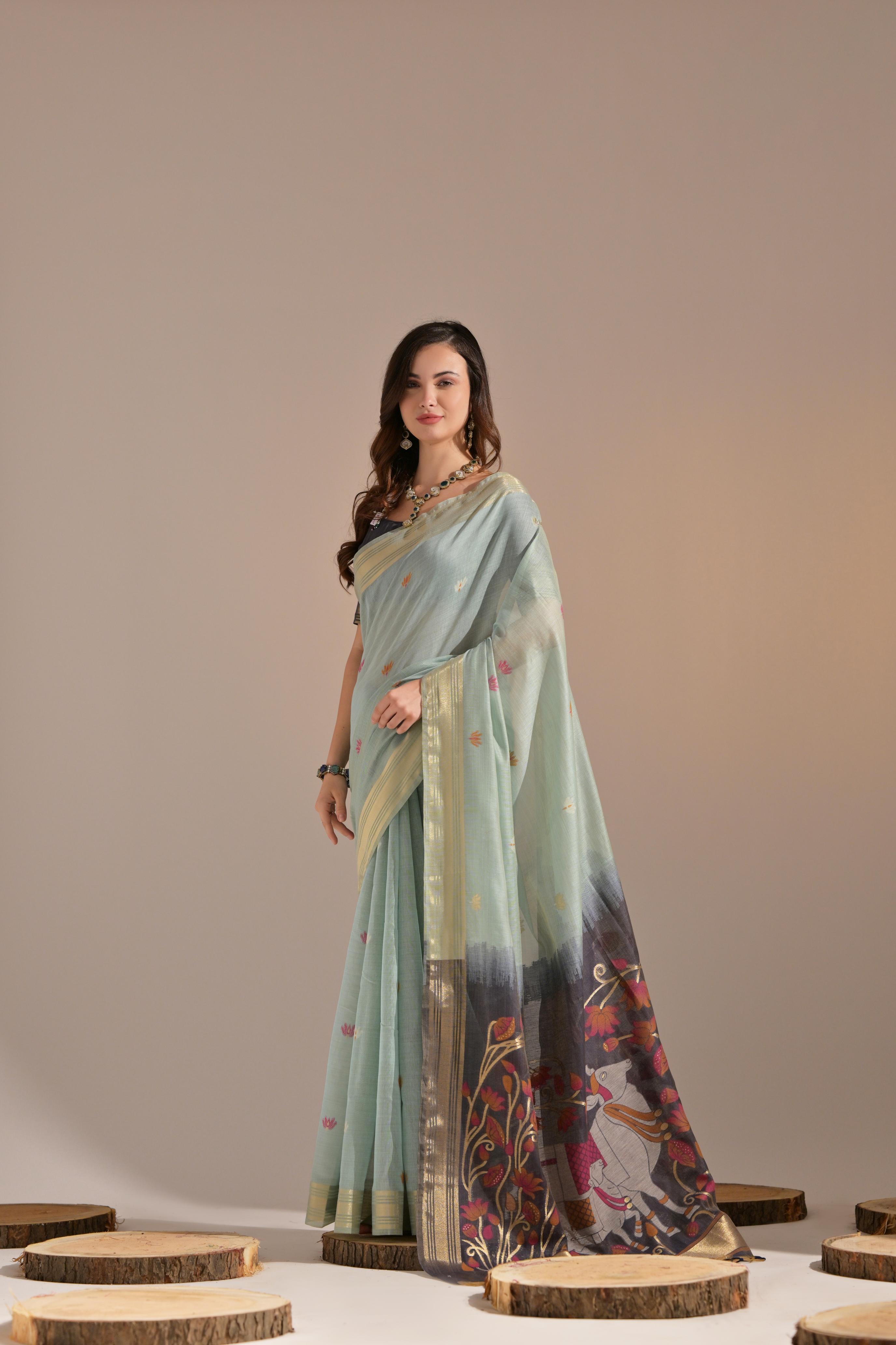 Bright-  motifs woven design saree with woven design border muga saree