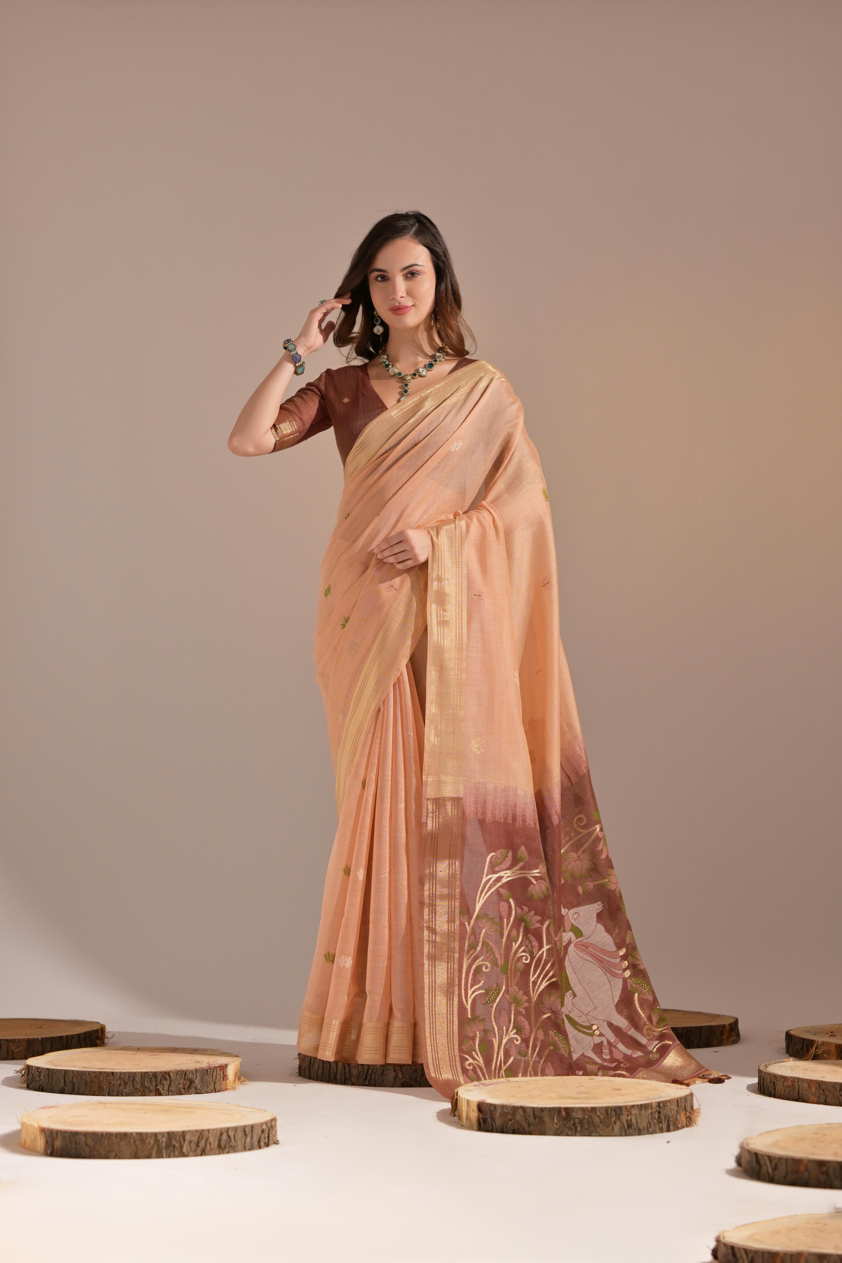 Bright-  motifs woven design saree with woven design border muga saree