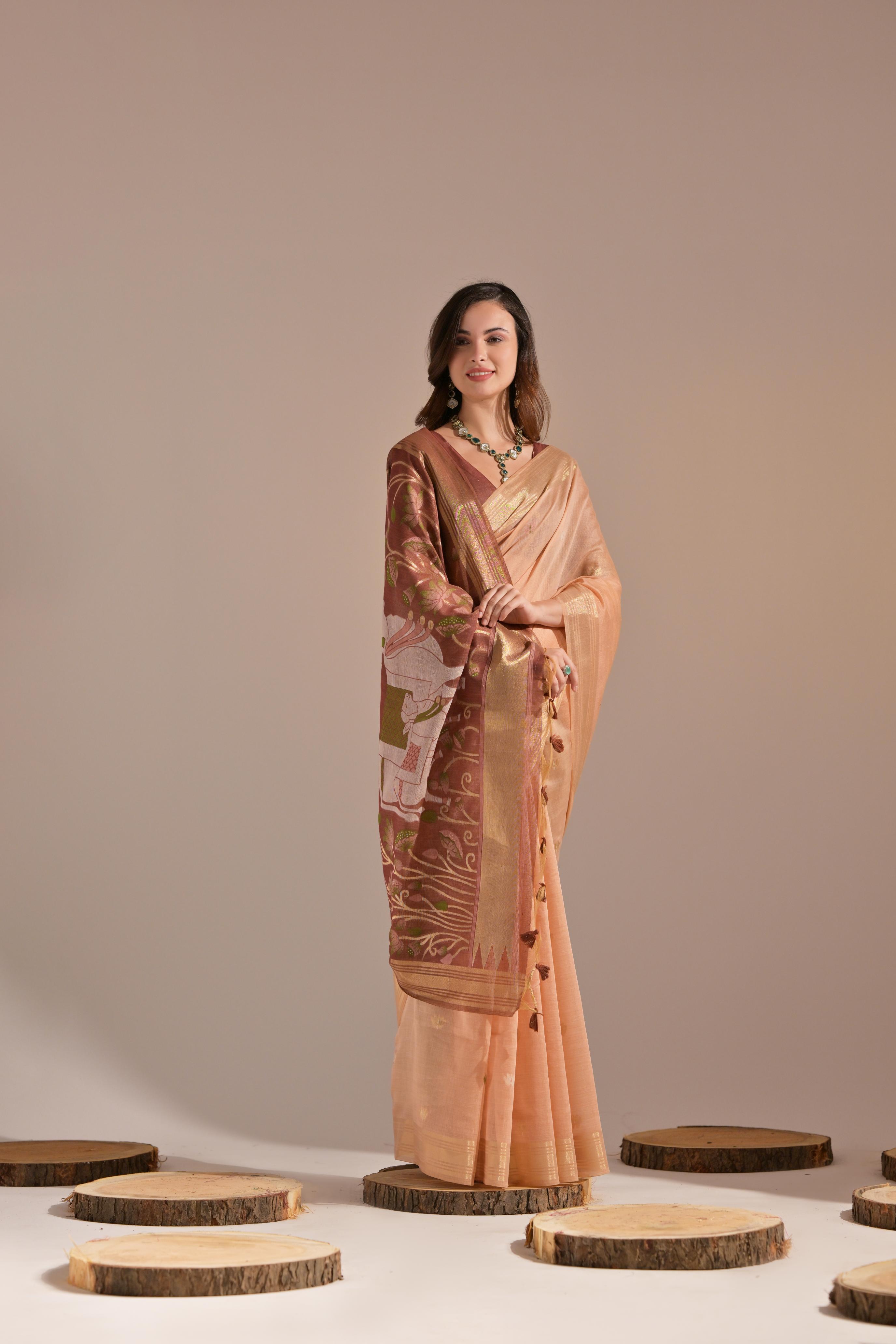 Bright-  motifs woven design saree with woven design border muga saree