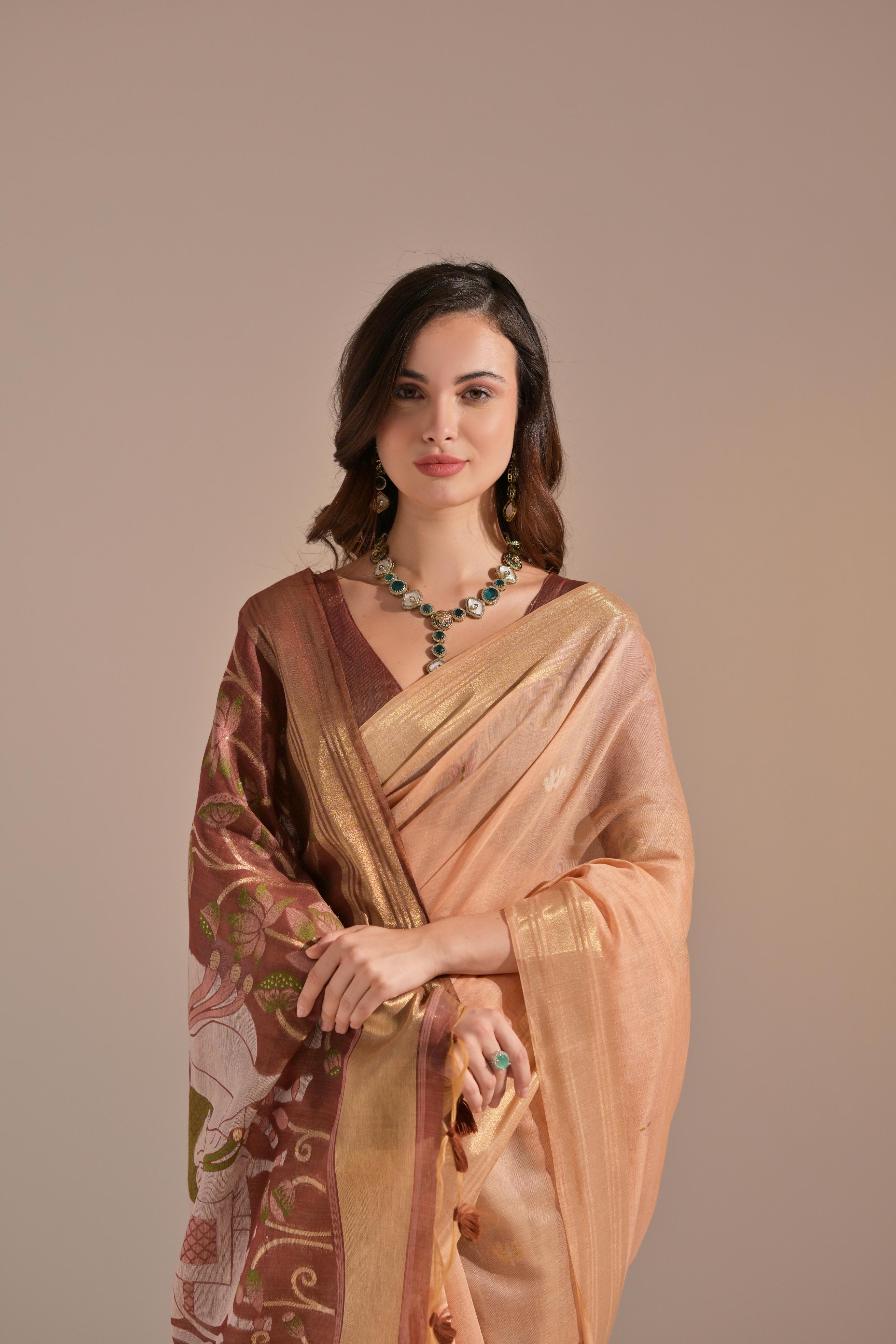 Bright-  motifs woven design saree with woven design border muga saree