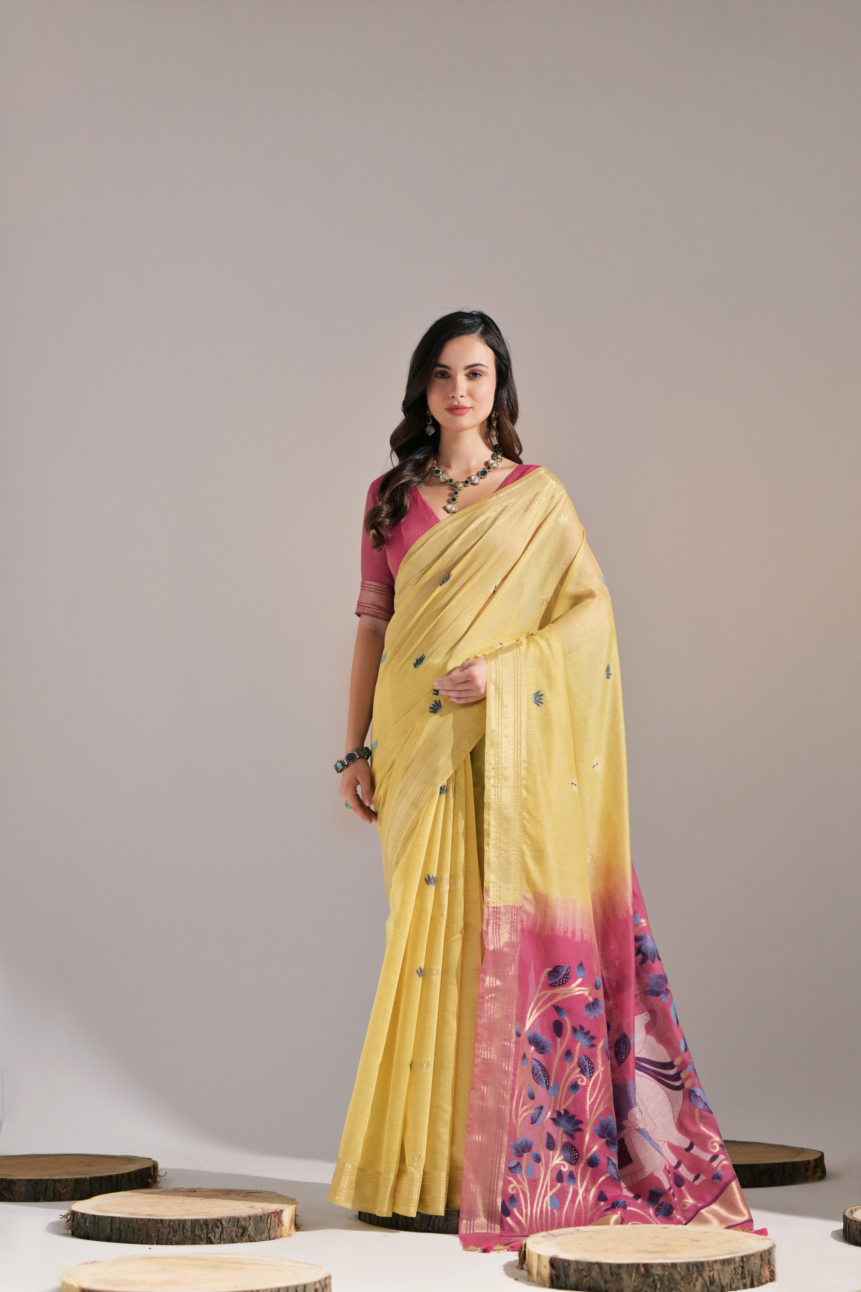 Bright-  motifs woven design saree with woven design border muga saree
