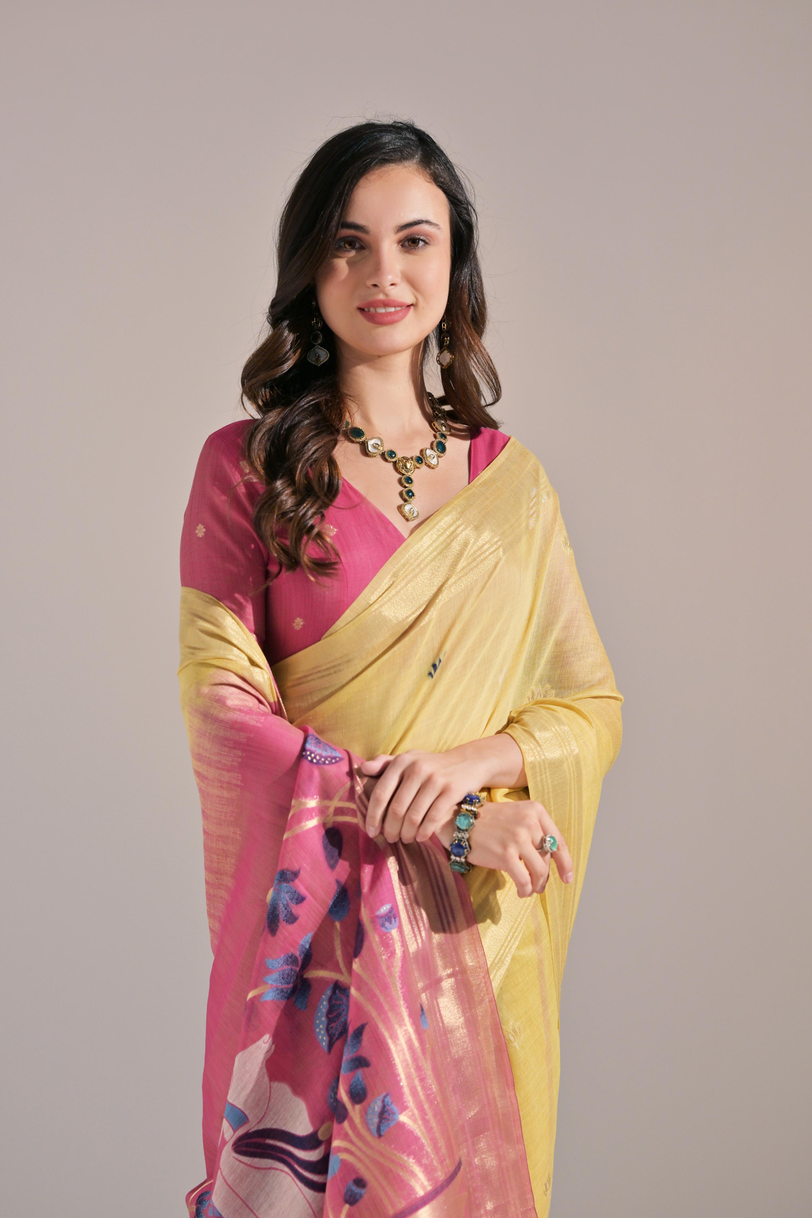 Bright-  motifs woven design saree with woven design border muga saree