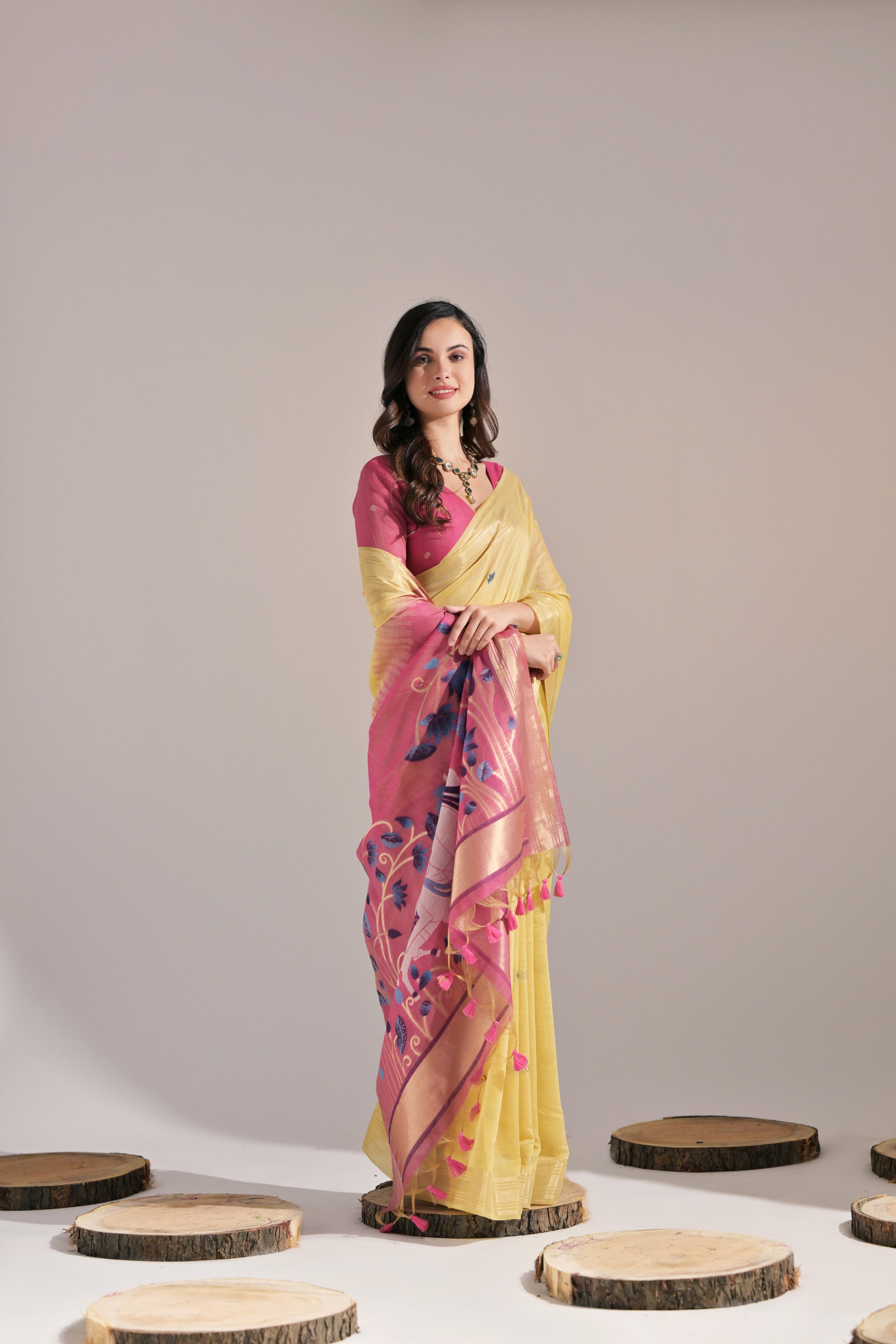Bright-  motifs woven design saree with woven design border muga saree