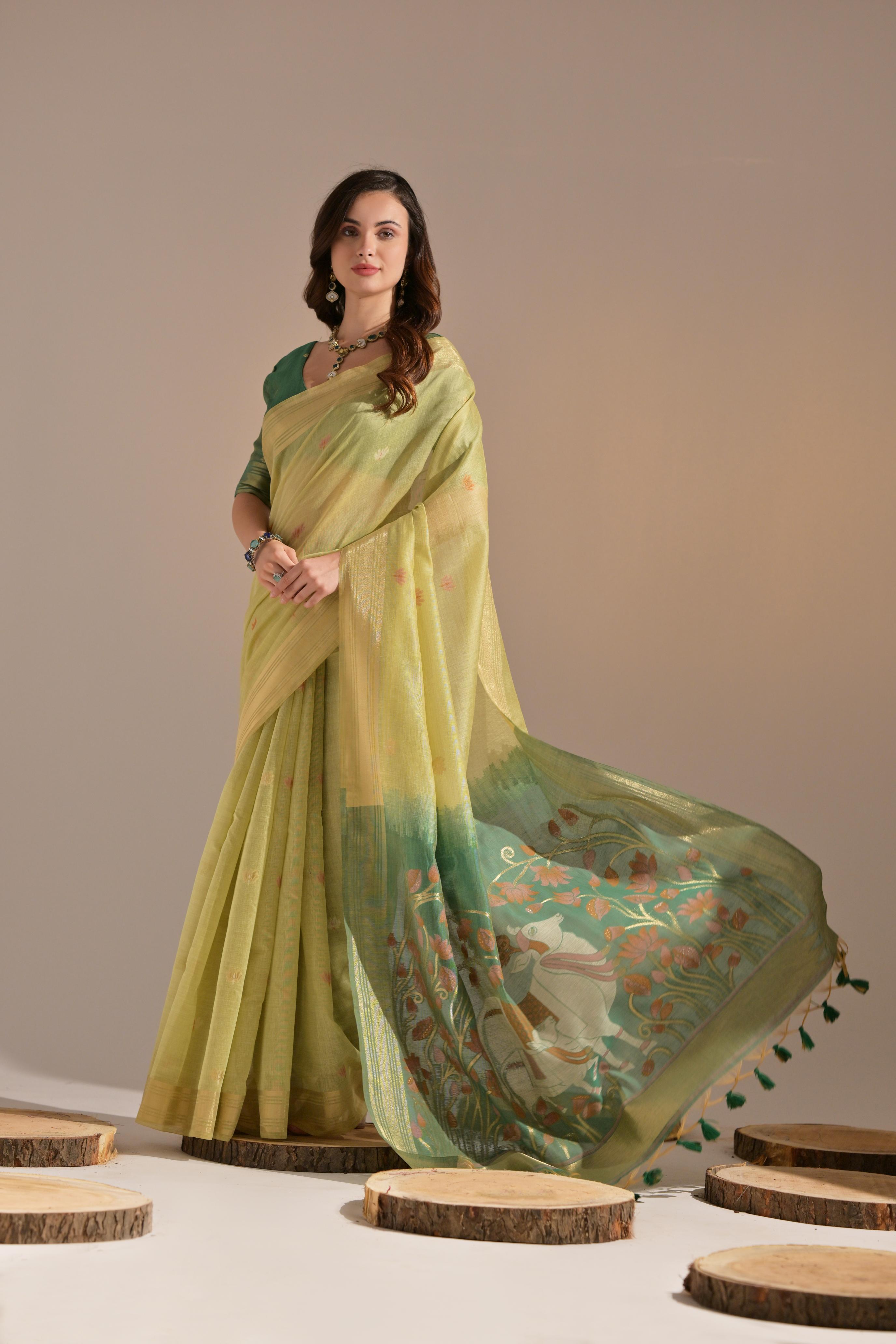 Bright-  motifs woven design saree with woven design border muga saree