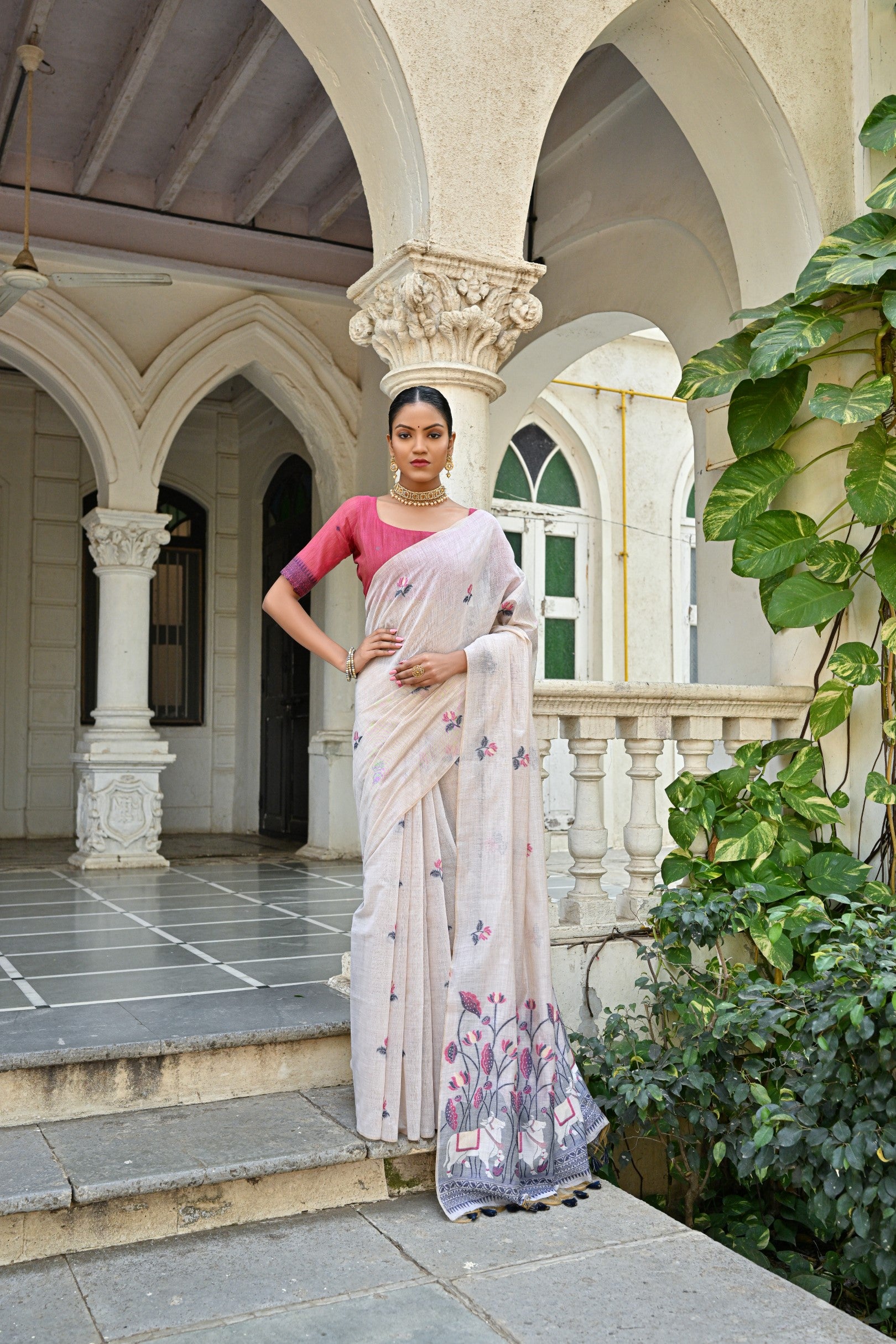 Cow- Pranshi Navy Pichwai Muga Cotton Saree