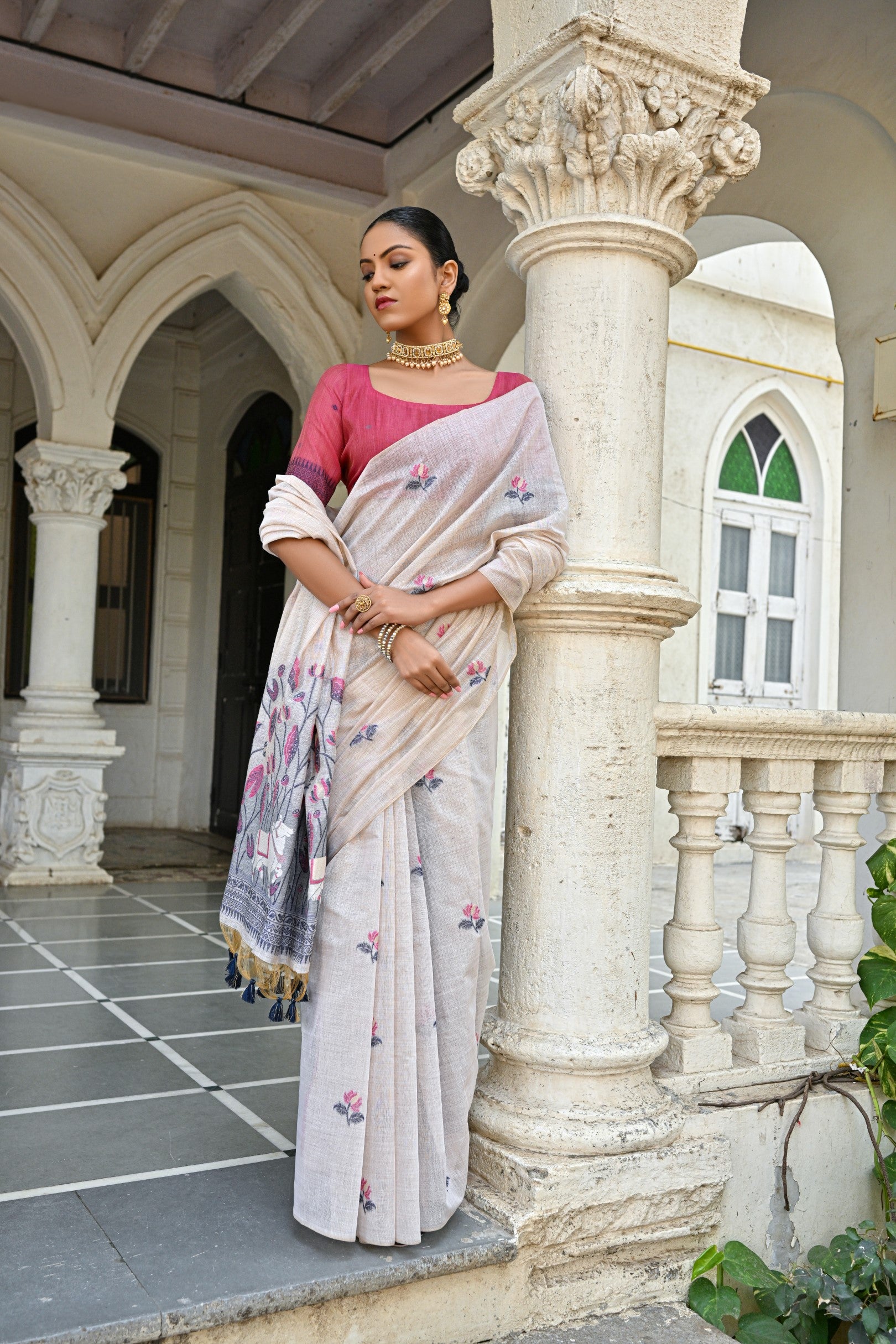 Cow- Pranshi Navy Pichwai Muga Cotton Saree
