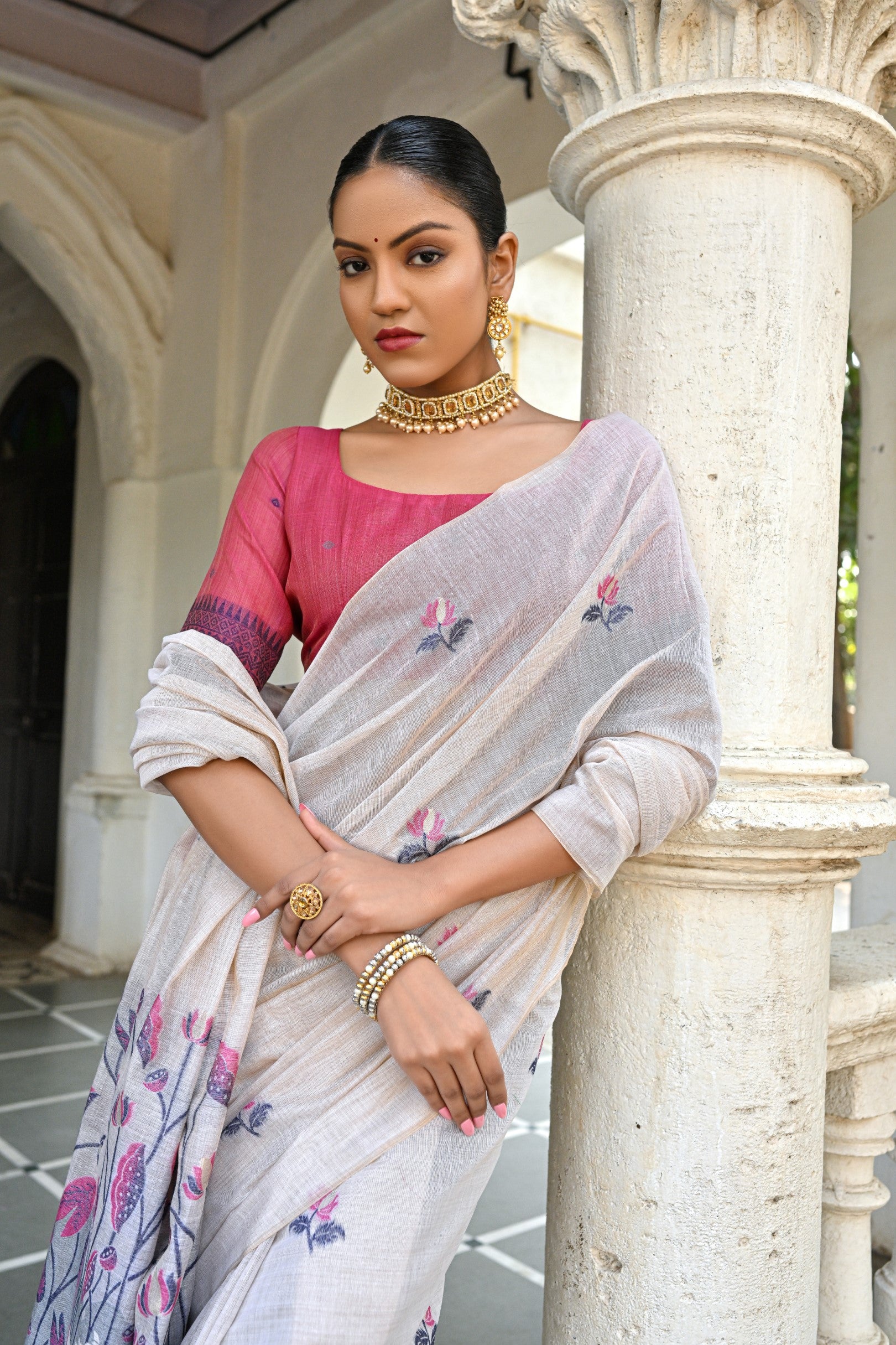 Cow- Pranshi Navy Pichwai Muga Cotton Saree