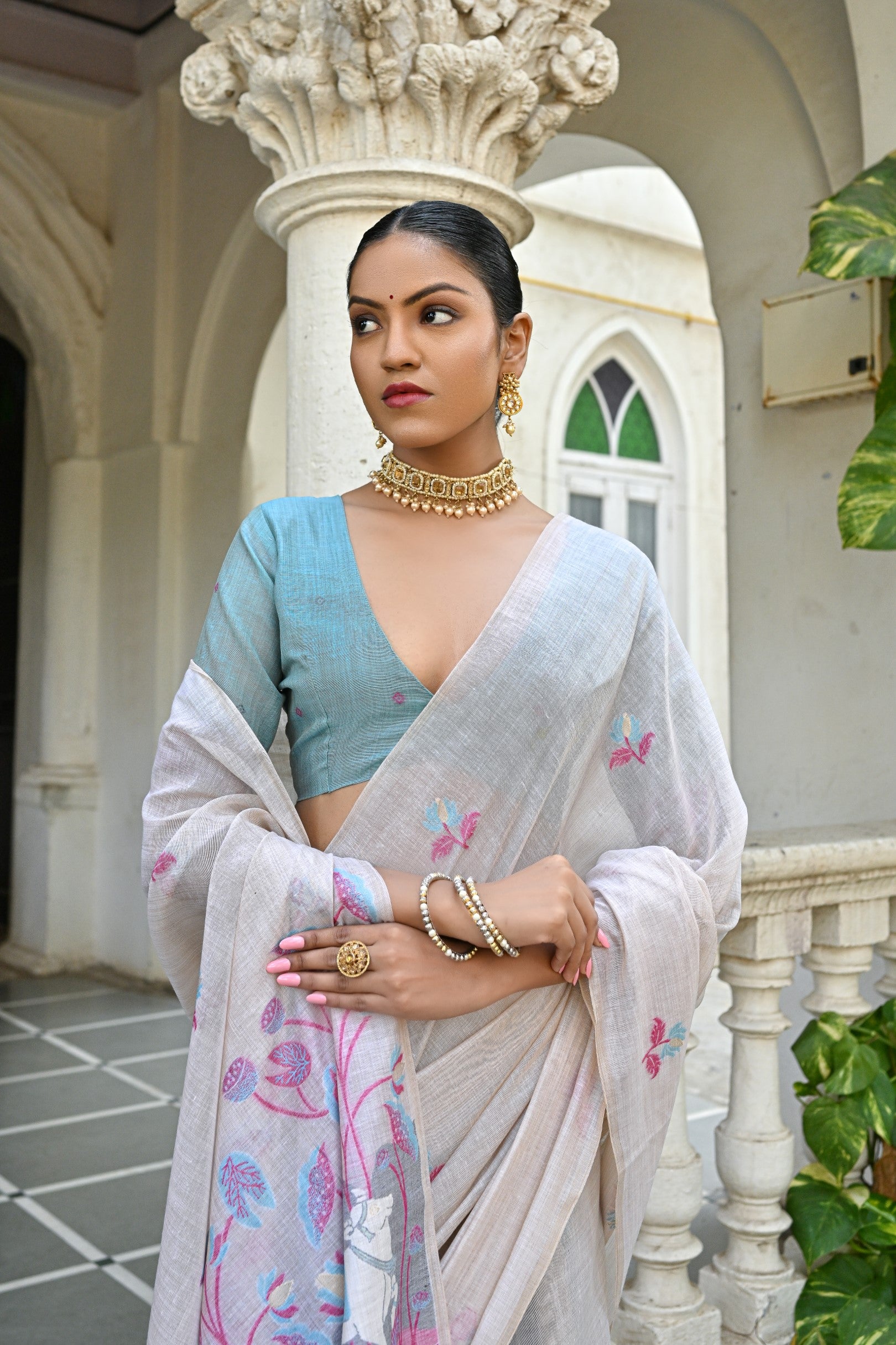Cow- Pranshi Navy Pichwai Muga Cotton Saree