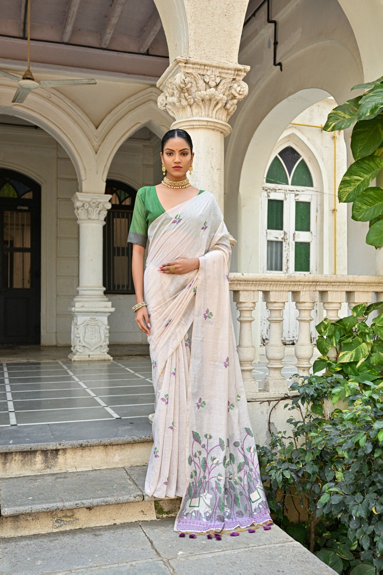 Cow- Pranshi Navy Pichwai Muga Cotton Saree
