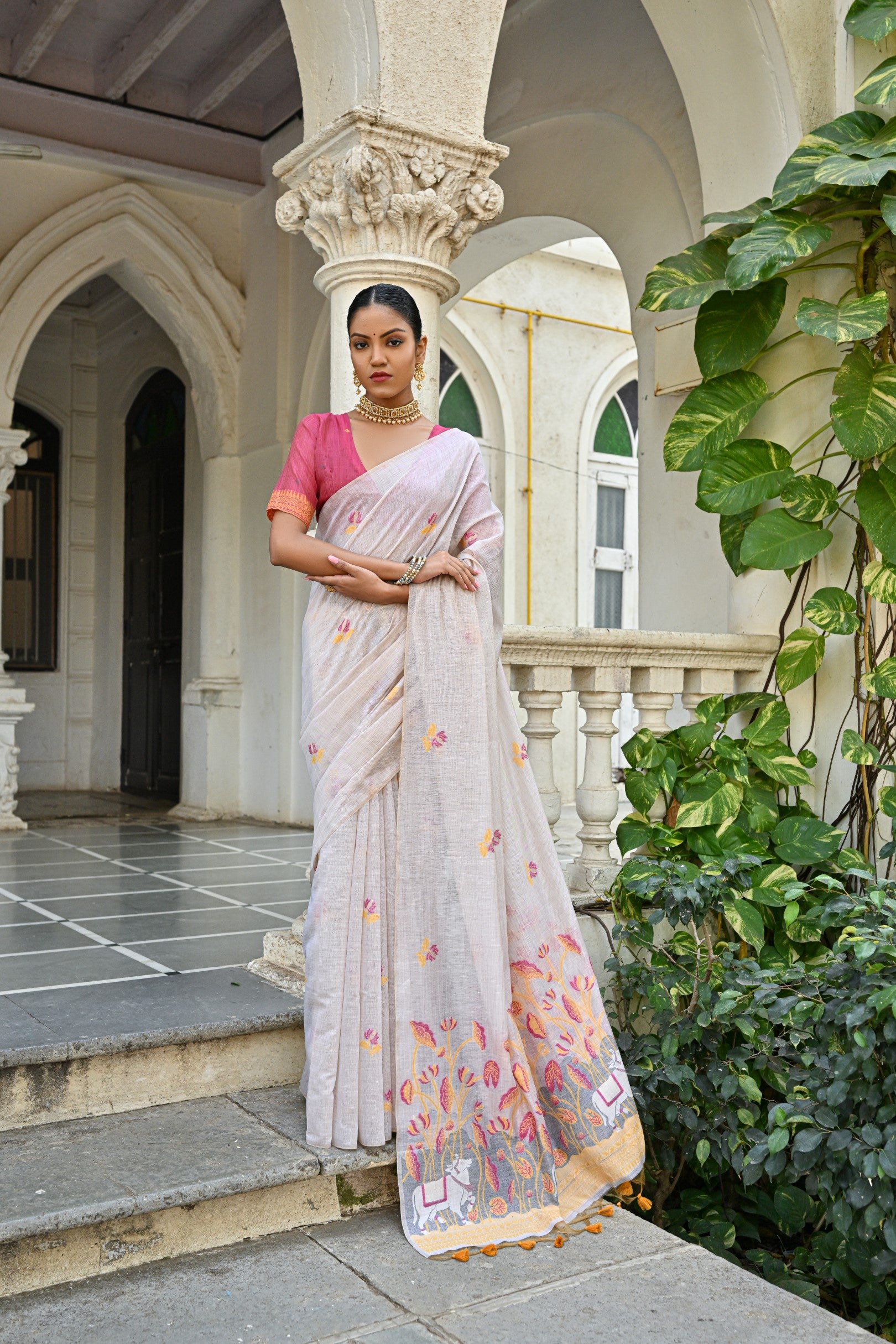 Cow- Pranshi Navy Pichwai Muga Cotton Saree