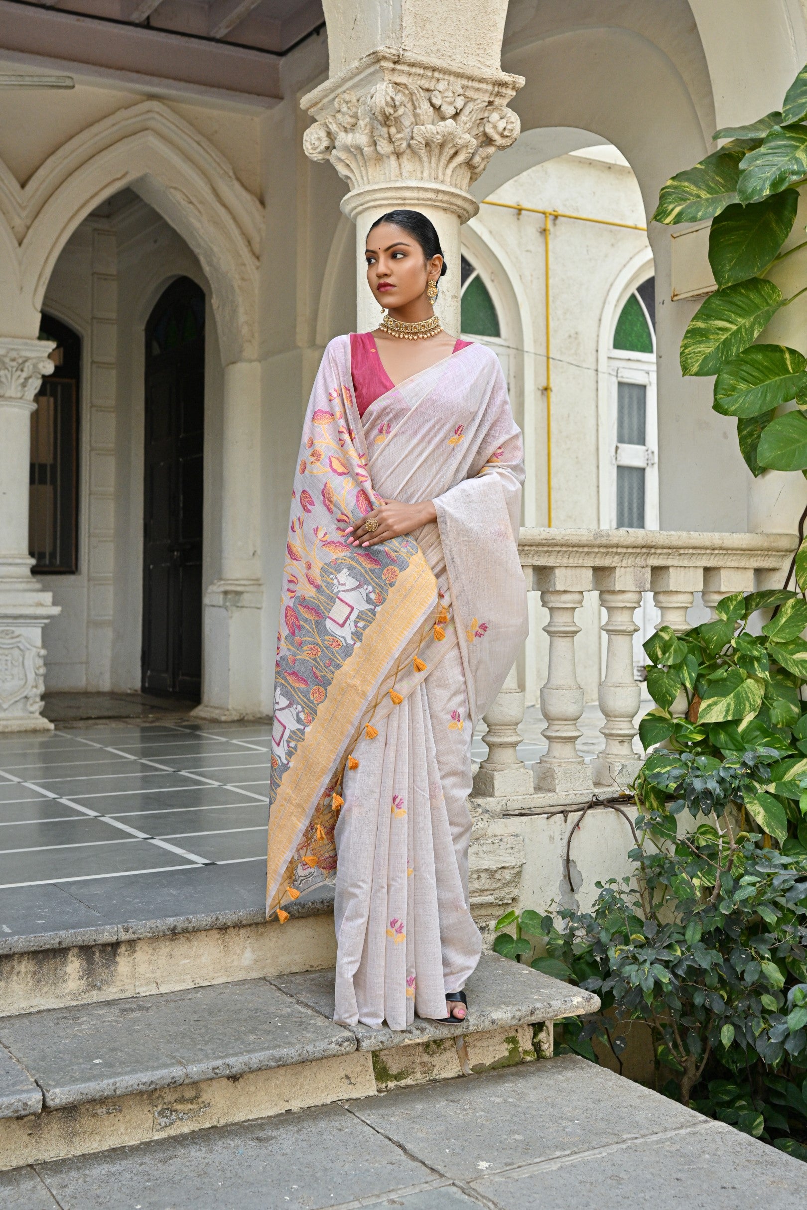 Cow- Pranshi Navy Pichwai Muga Cotton Saree