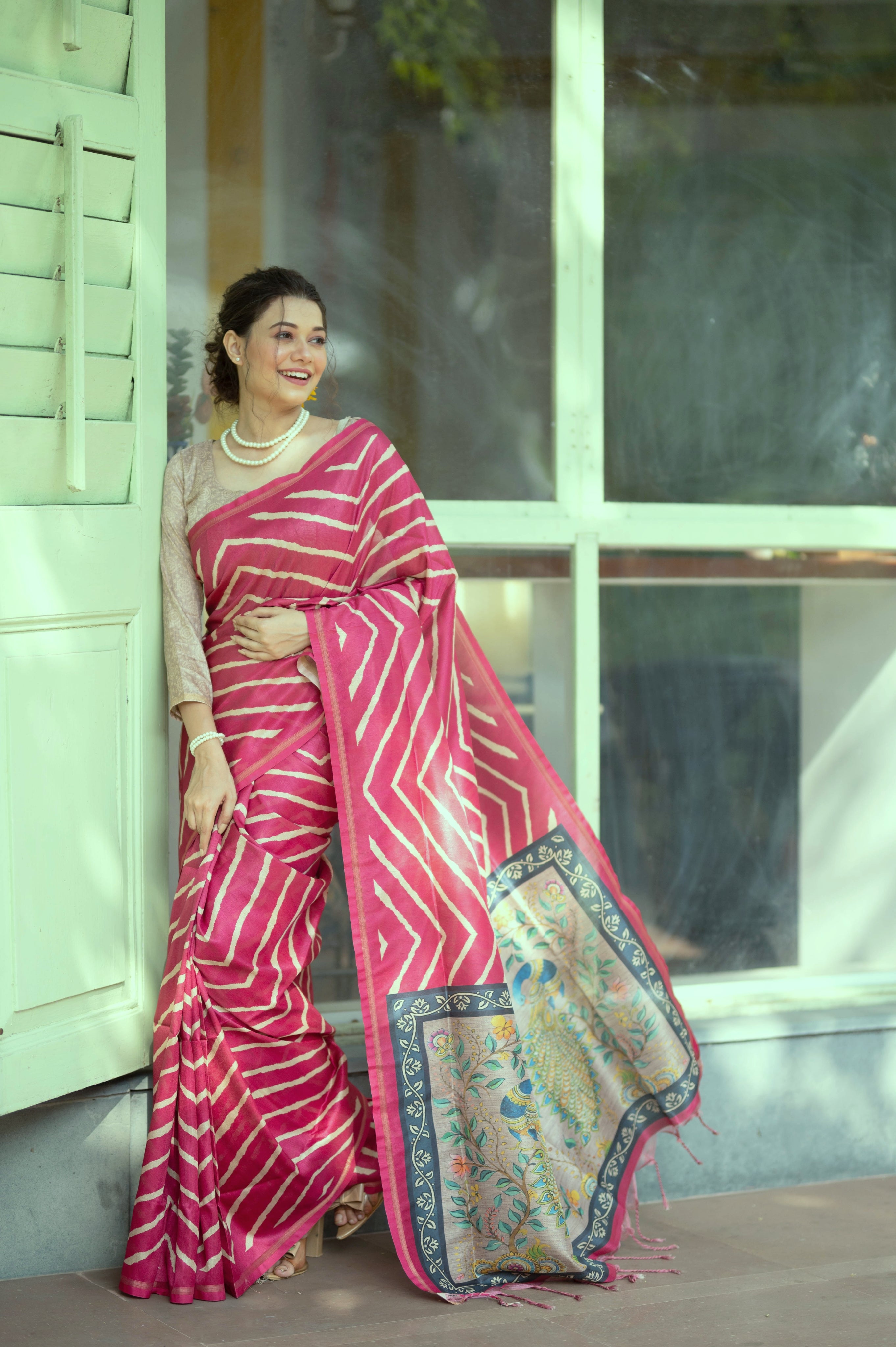 Leheriya - Printed Art Silk Saree in Peach