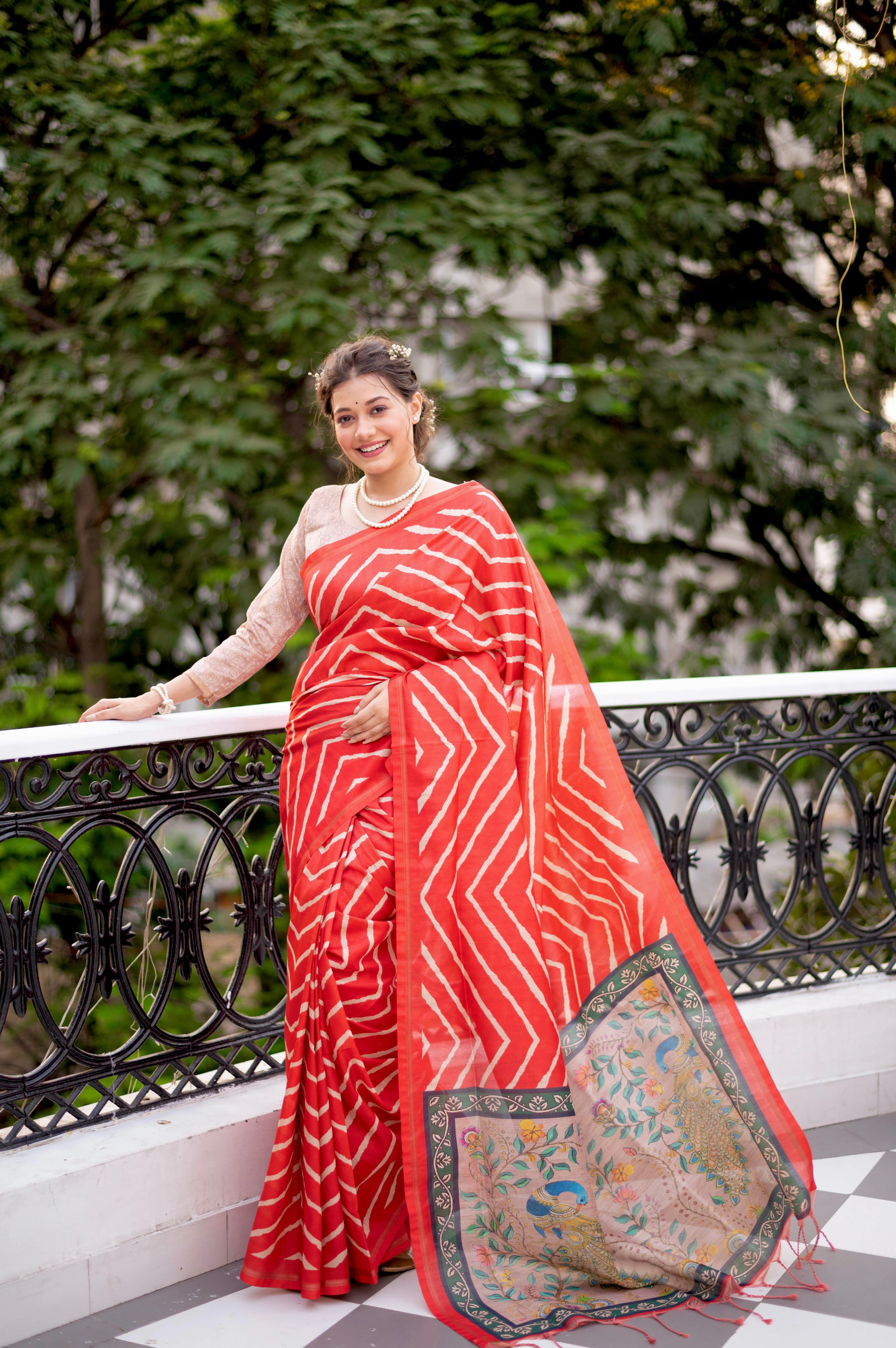 Leheriya - Printed Art Silk Saree in Peach