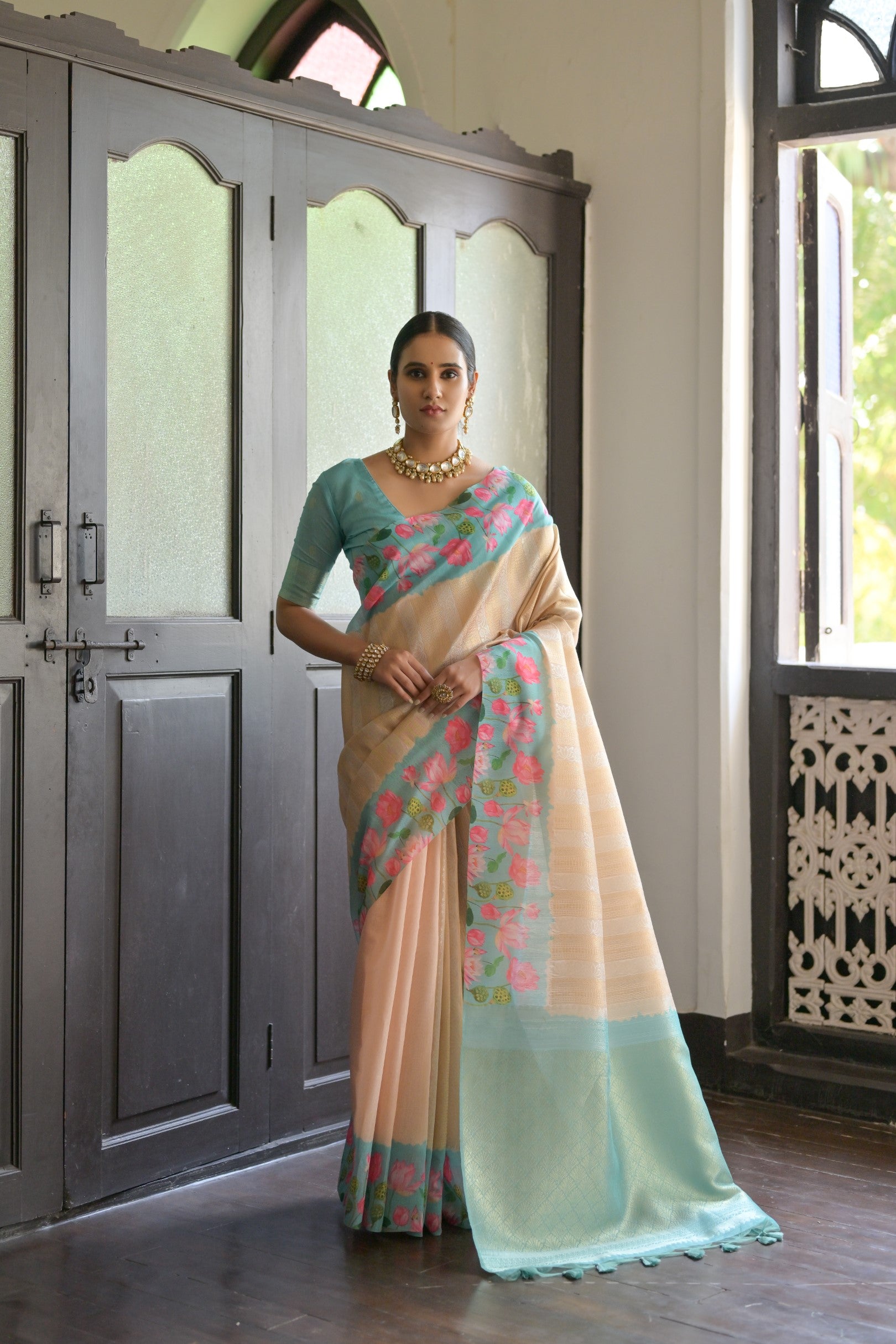 Gulabo- Floral printed , Muga saree with printed border