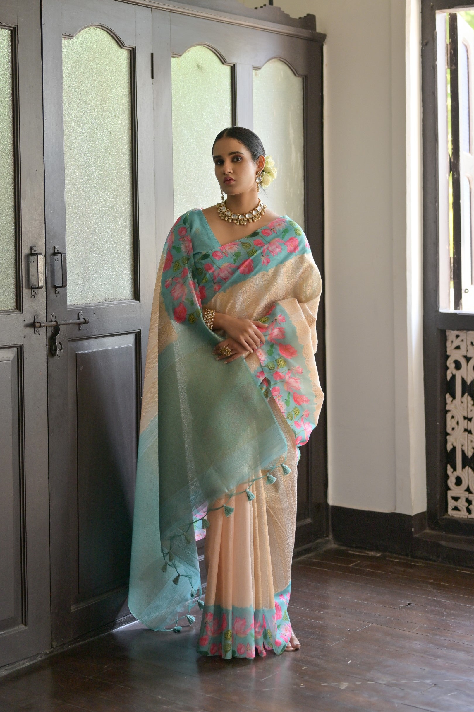 Gulabo- Floral printed , Muga saree with printed border