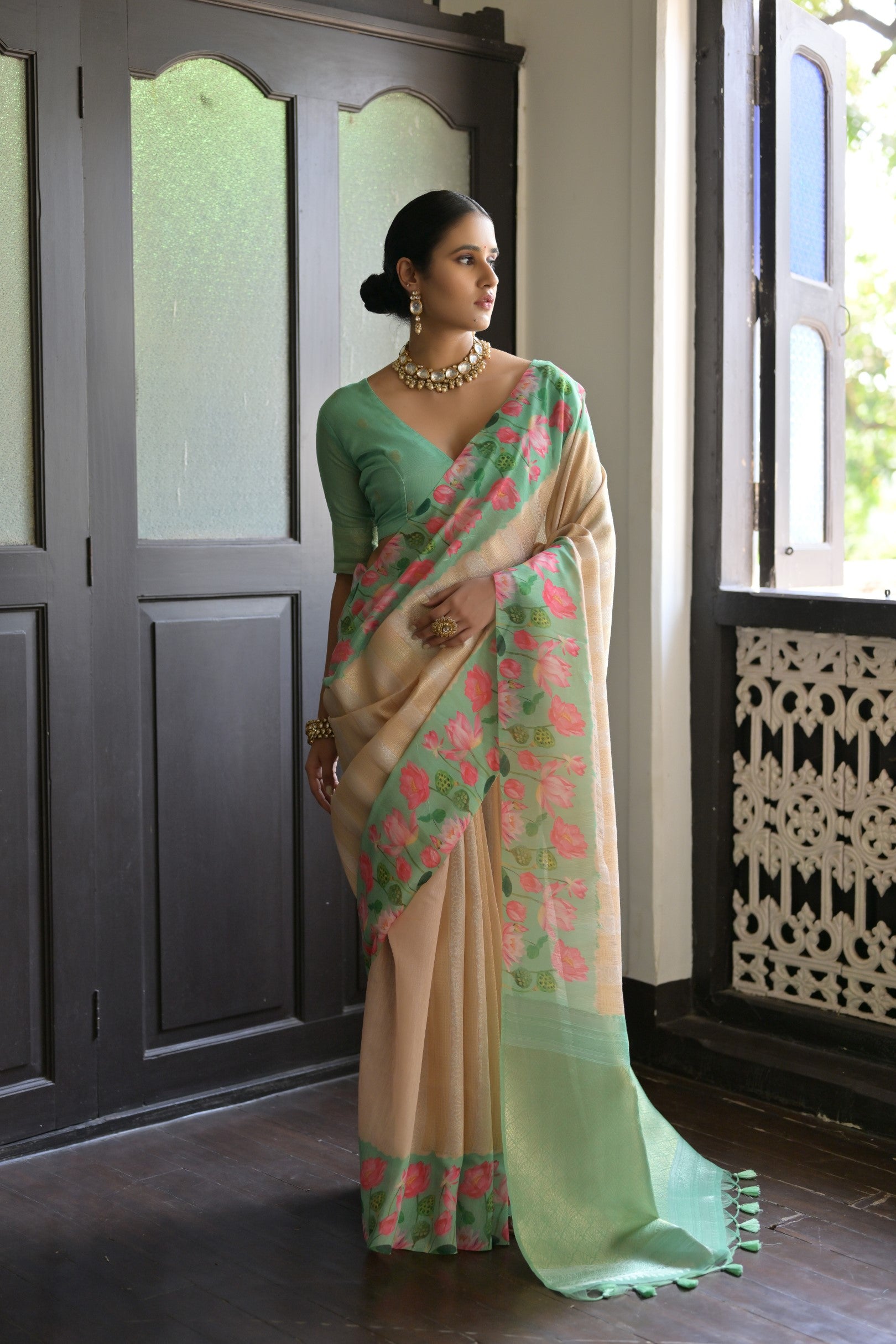 Gulabo- Floral printed , Muga saree with printed border