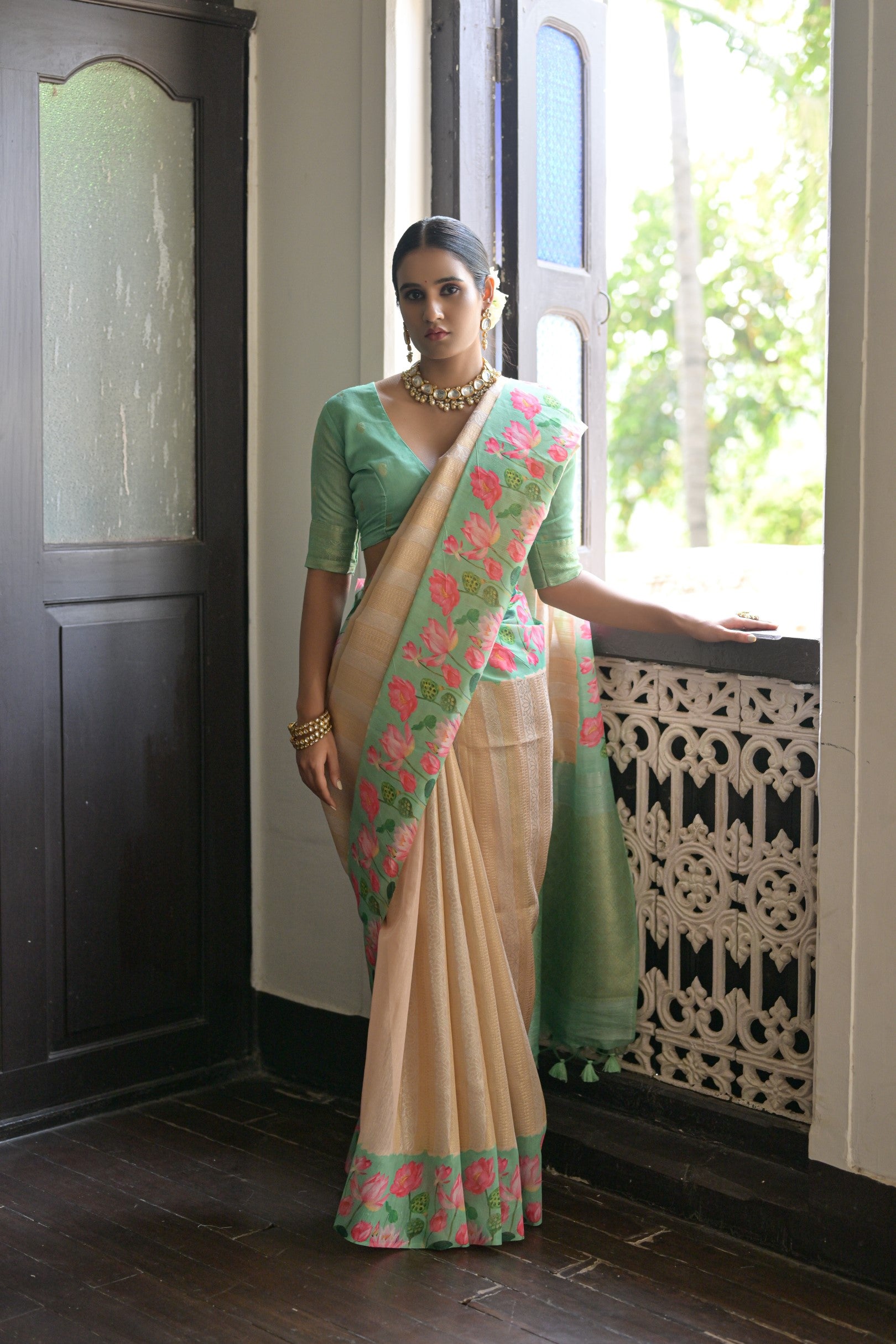 Gulabo- Floral printed , Muga saree with printed border