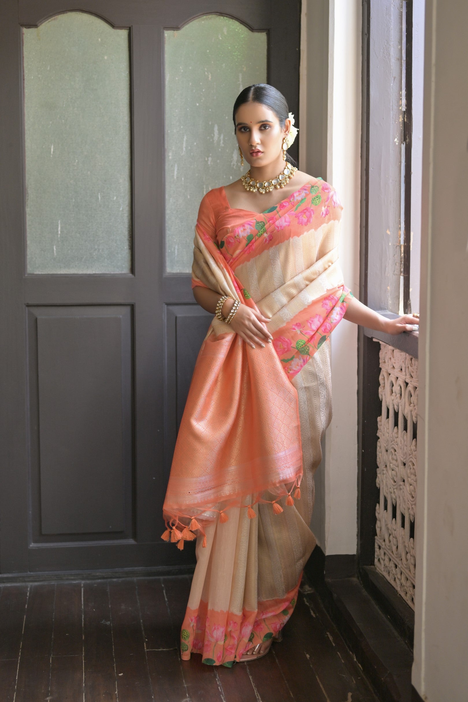 Gulabo- Floral printed , Muga saree with printed border