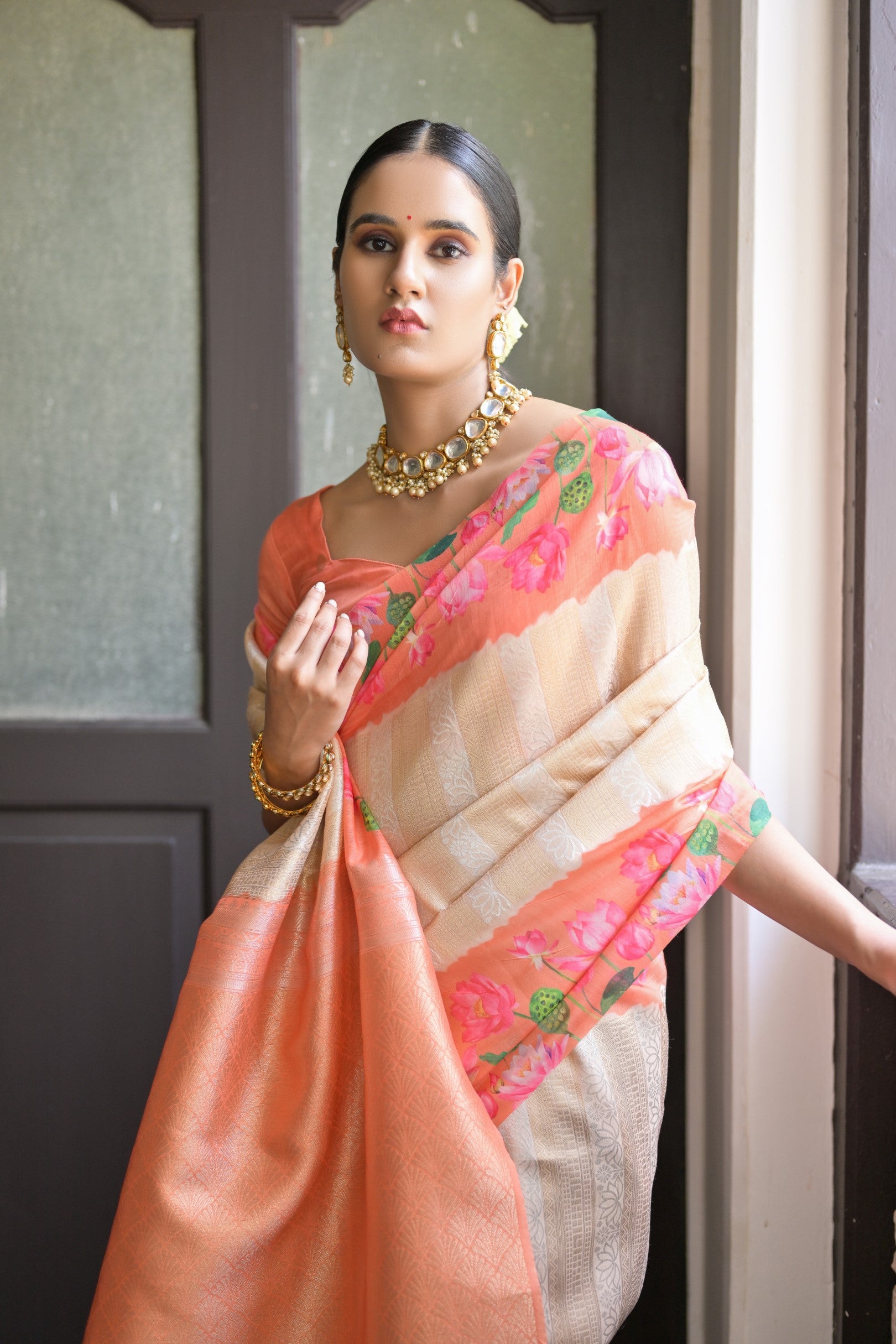 Gulabo- Floral printed , Muga saree with printed border