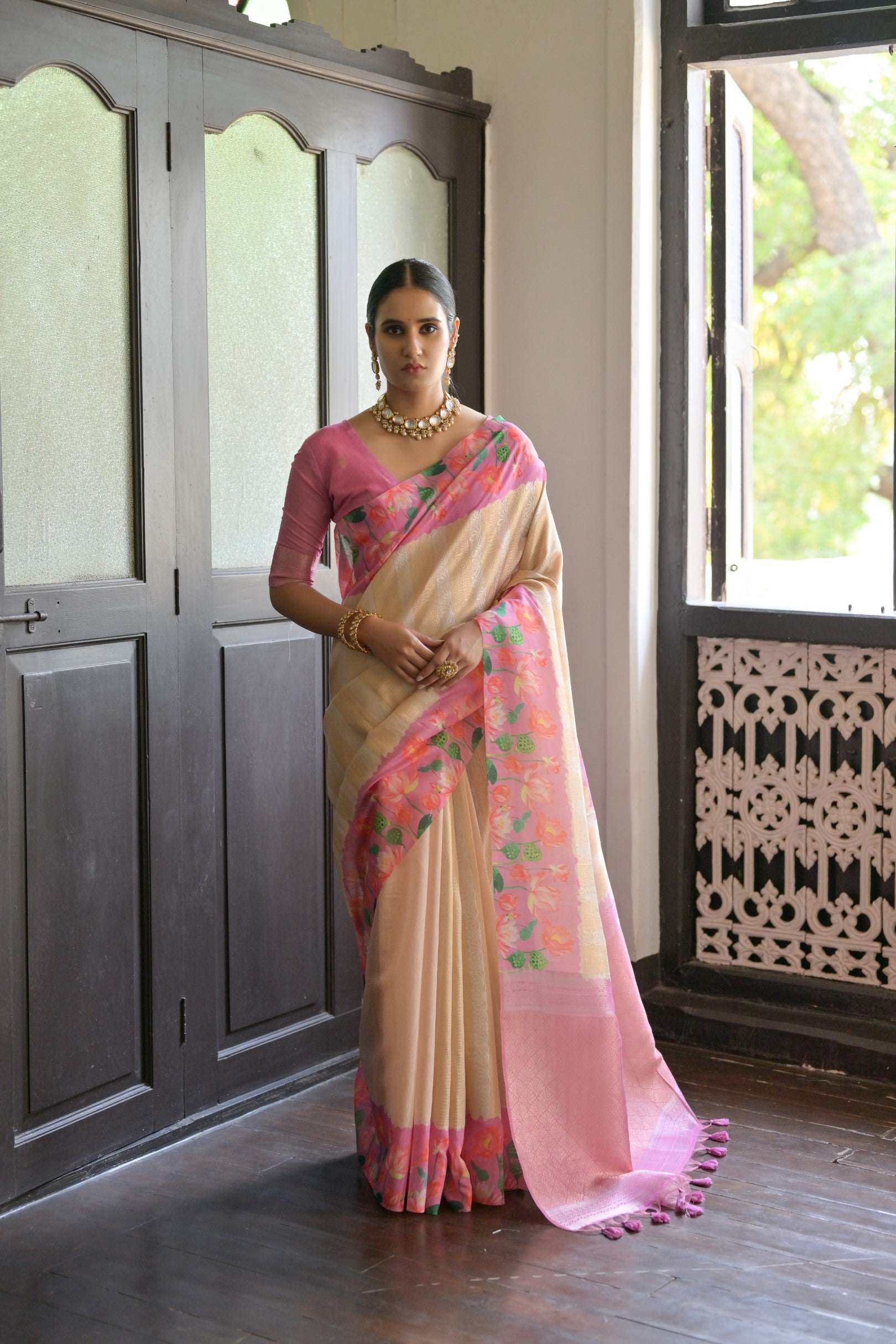 Gulabo- Floral printed , Muga saree with printed border