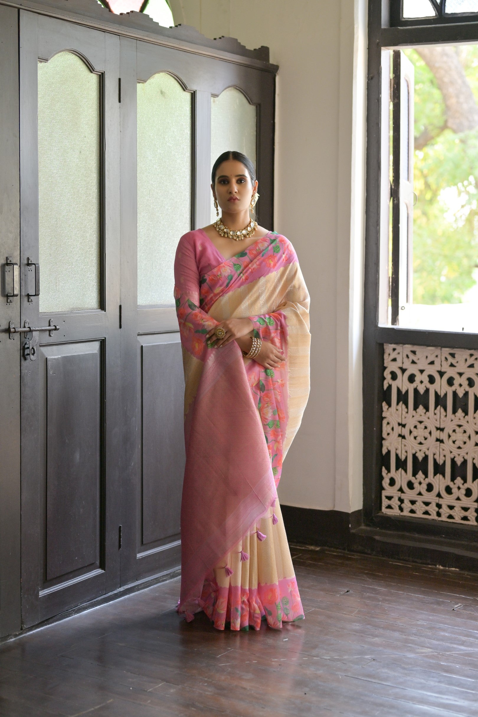 Gulabo- Floral printed , Muga saree with printed border