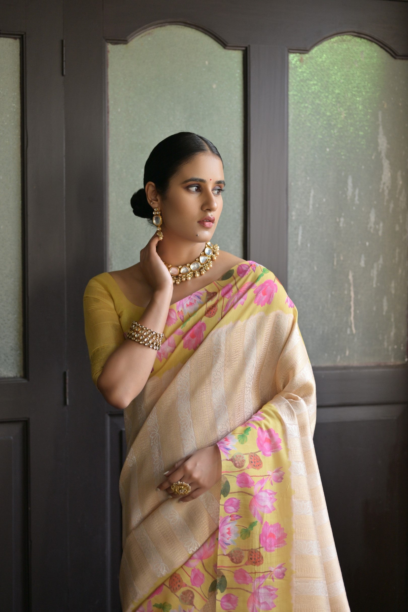Gulabo- Floral printed , Muga saree with printed border