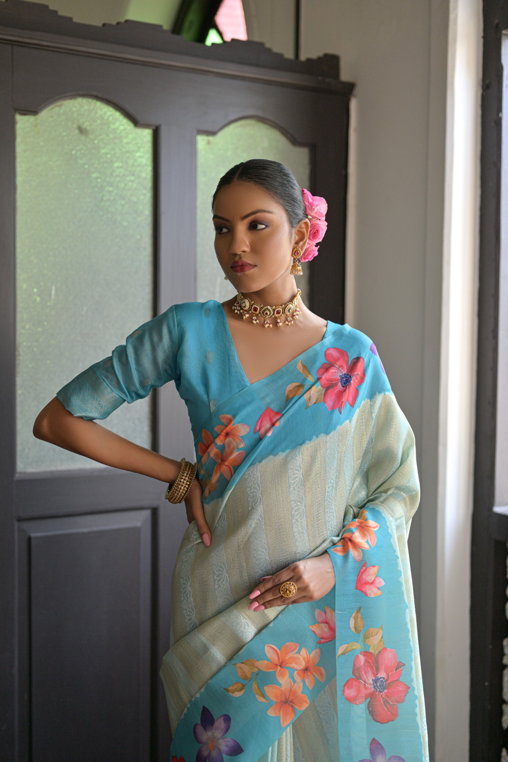 Shibori- Turquoise Silk saree ,tussar saree