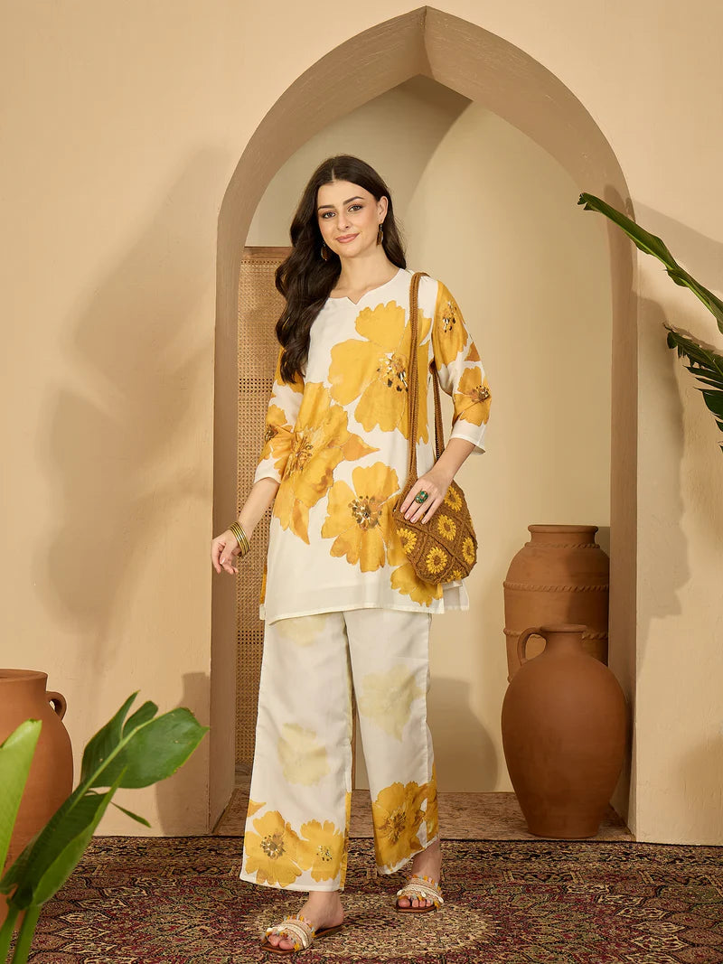 Sunflower- Embroidered & Printed Cotton Lining in Kurta With Pant Co-Ords