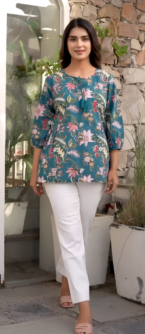 Pavani- Teal Green Floral Printed Kurti Top