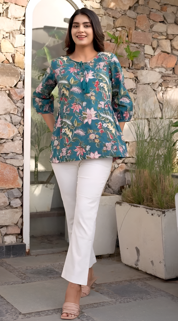 Pavani- Teal Green Floral Printed Kurti Top