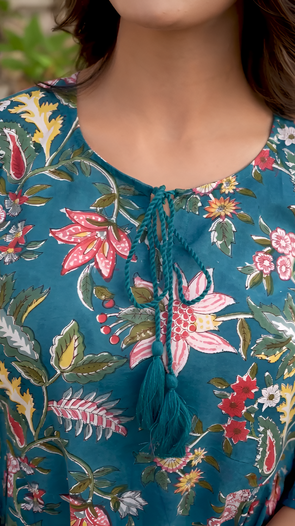 Pavani- Teal Green Floral Printed Kurti Top