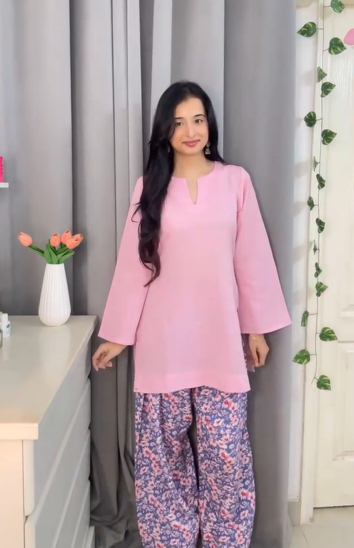 Soft pink straight kurti set with floral palazzo pants