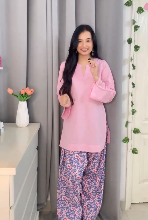 Soft pink straight kurti set with floral palazzo pants