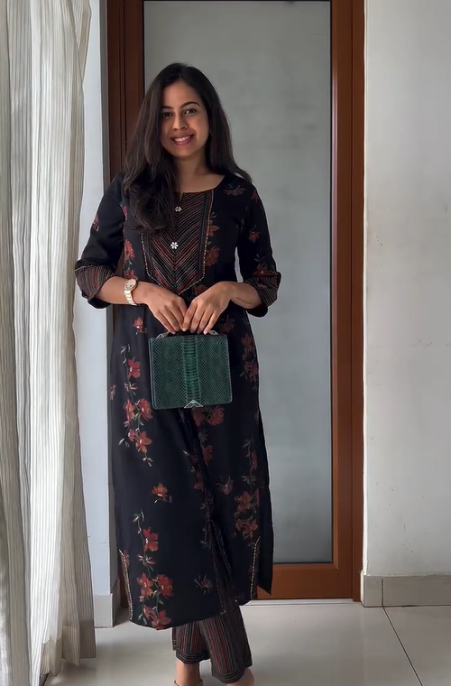 Kala- Black Floral & Embllished Kurta with Striped Pant