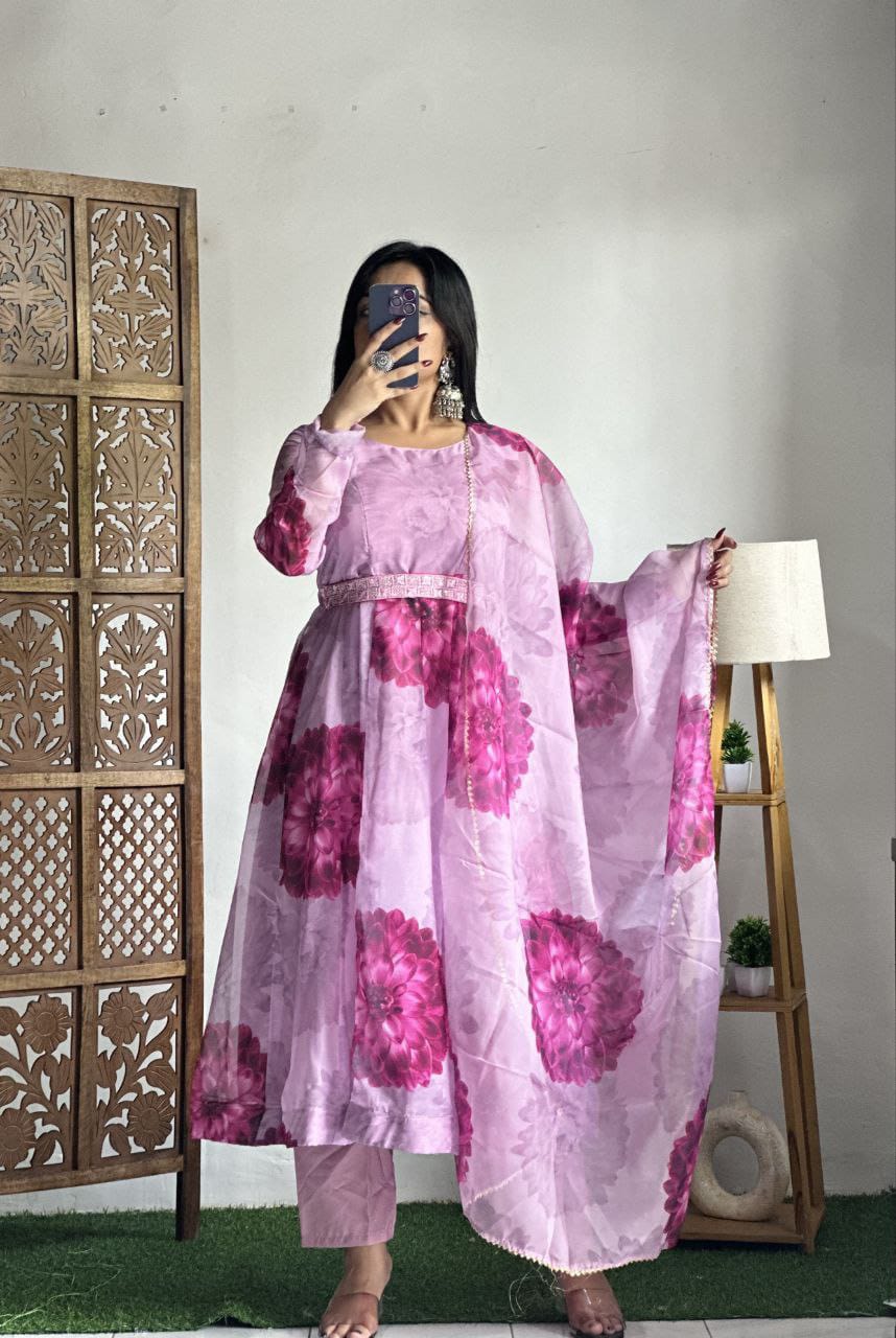 Featuring Beautiful Suit Sets in Pure Orgenza Top with pent, And Orgenza Duppata it is beautifully decorated desgins With Embroidery Sequence Full Nack