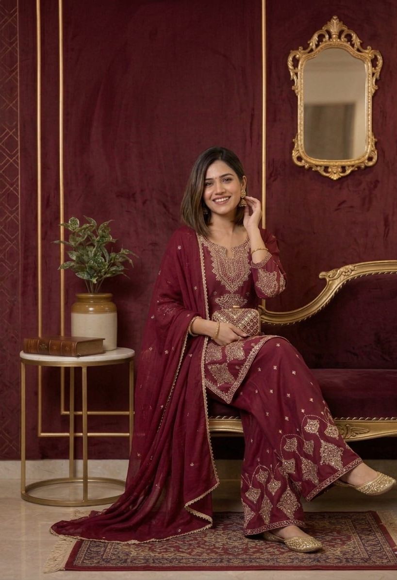 Luxury Maroon Embroidered Sharara Set For Women