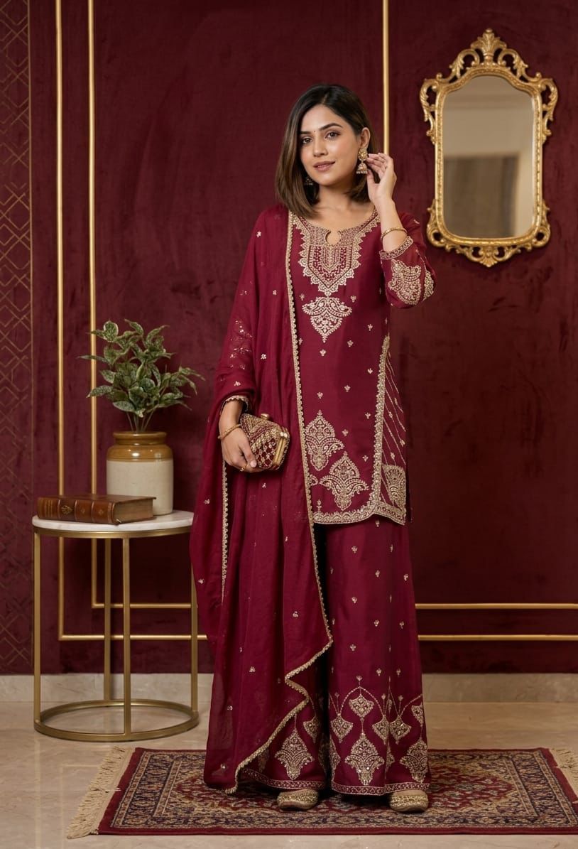 Luxury Maroon Embroidered Sharara Set For Women