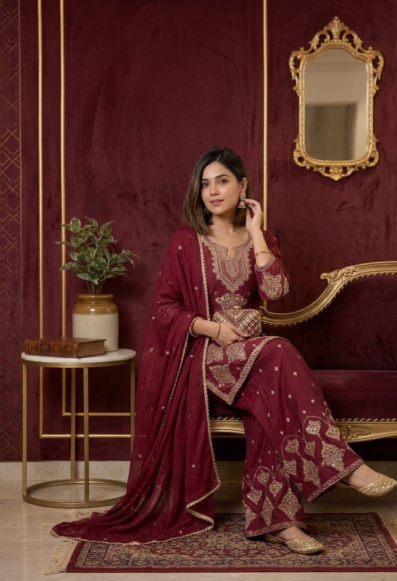 Luxury Maroon Embroidered Sharara Set For Women