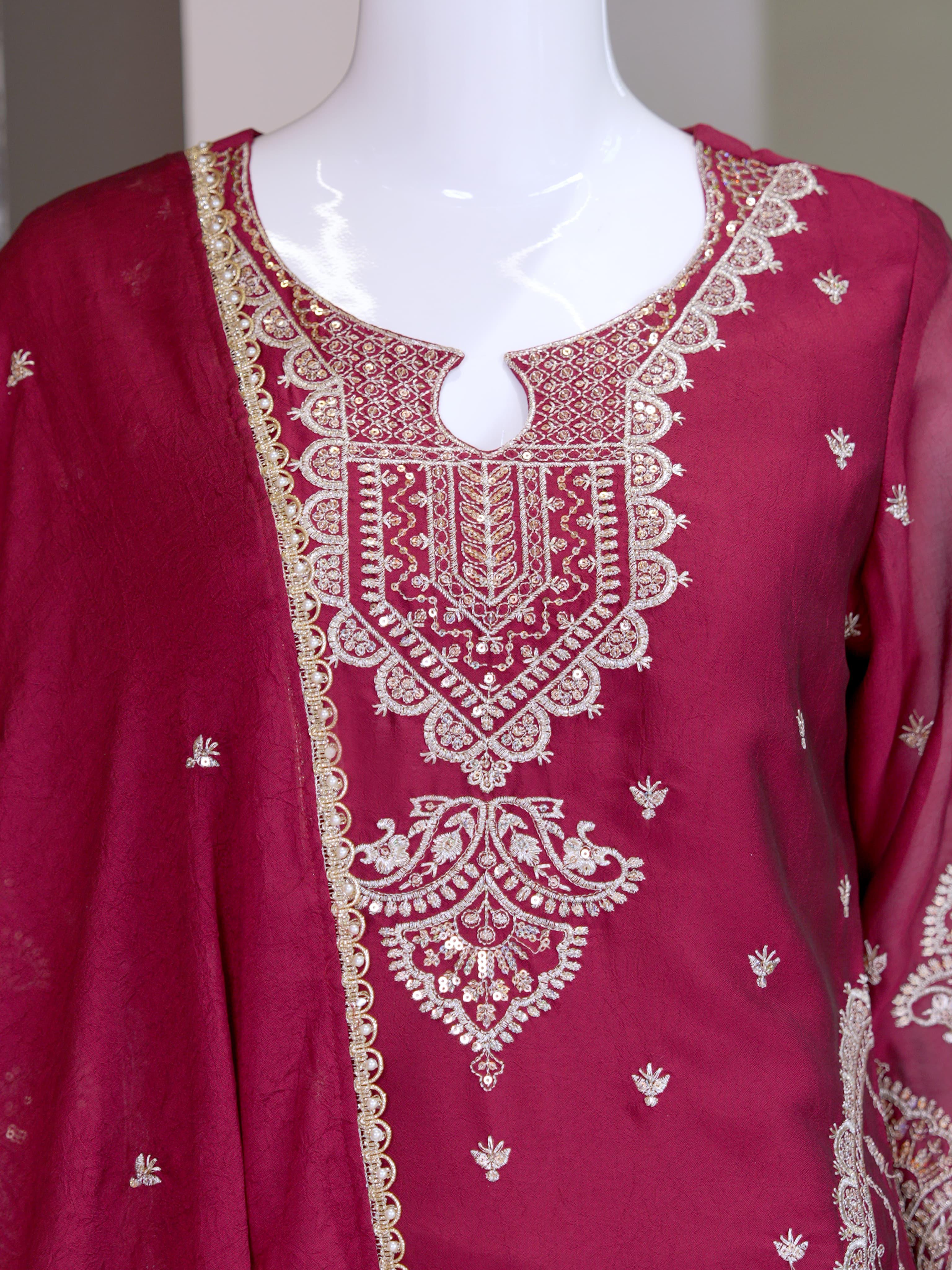 Luxury Maroon Embroidered Sharara Set For Women
