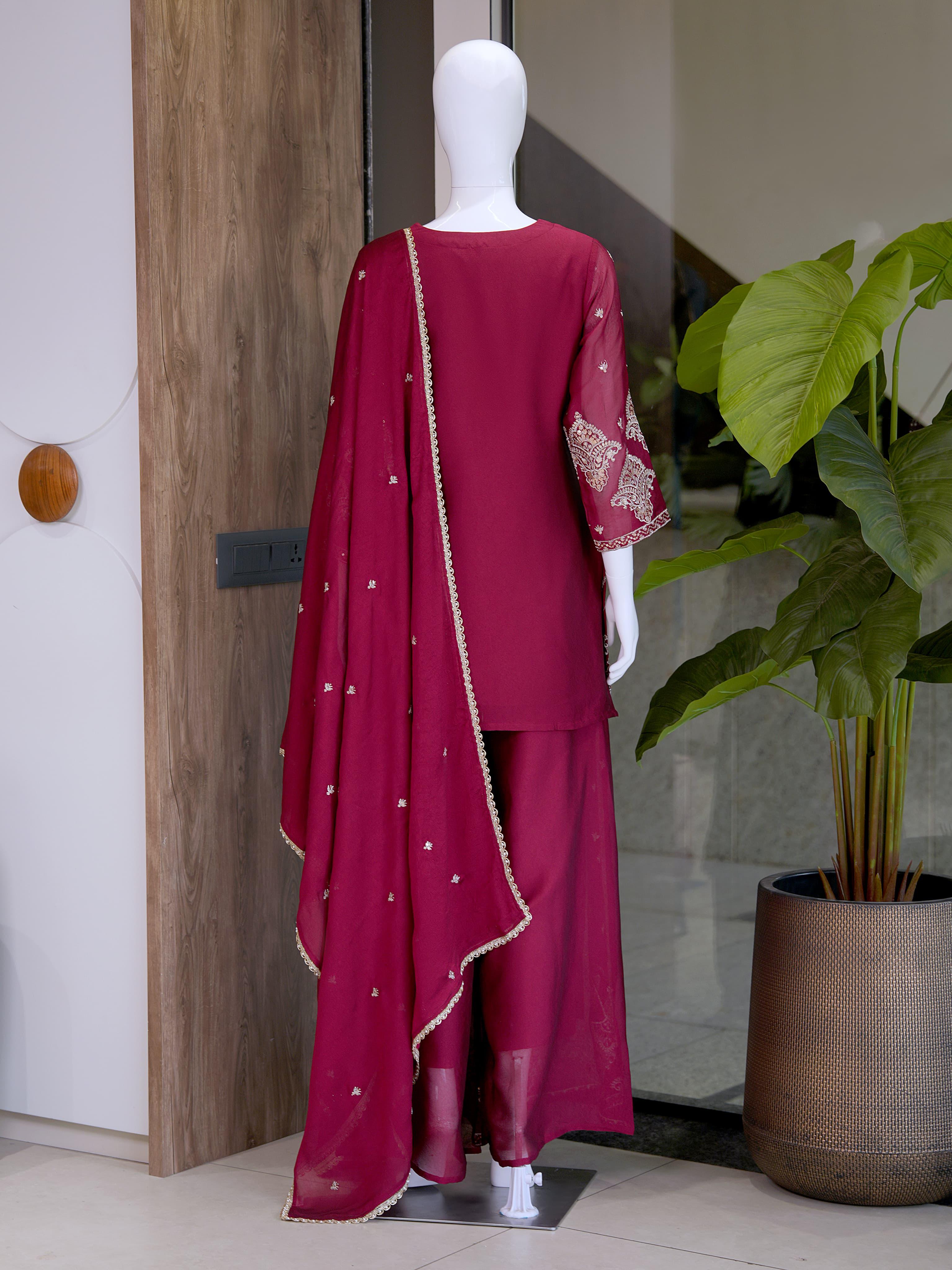 Luxury Maroon Embroidered Sharara Set For Women