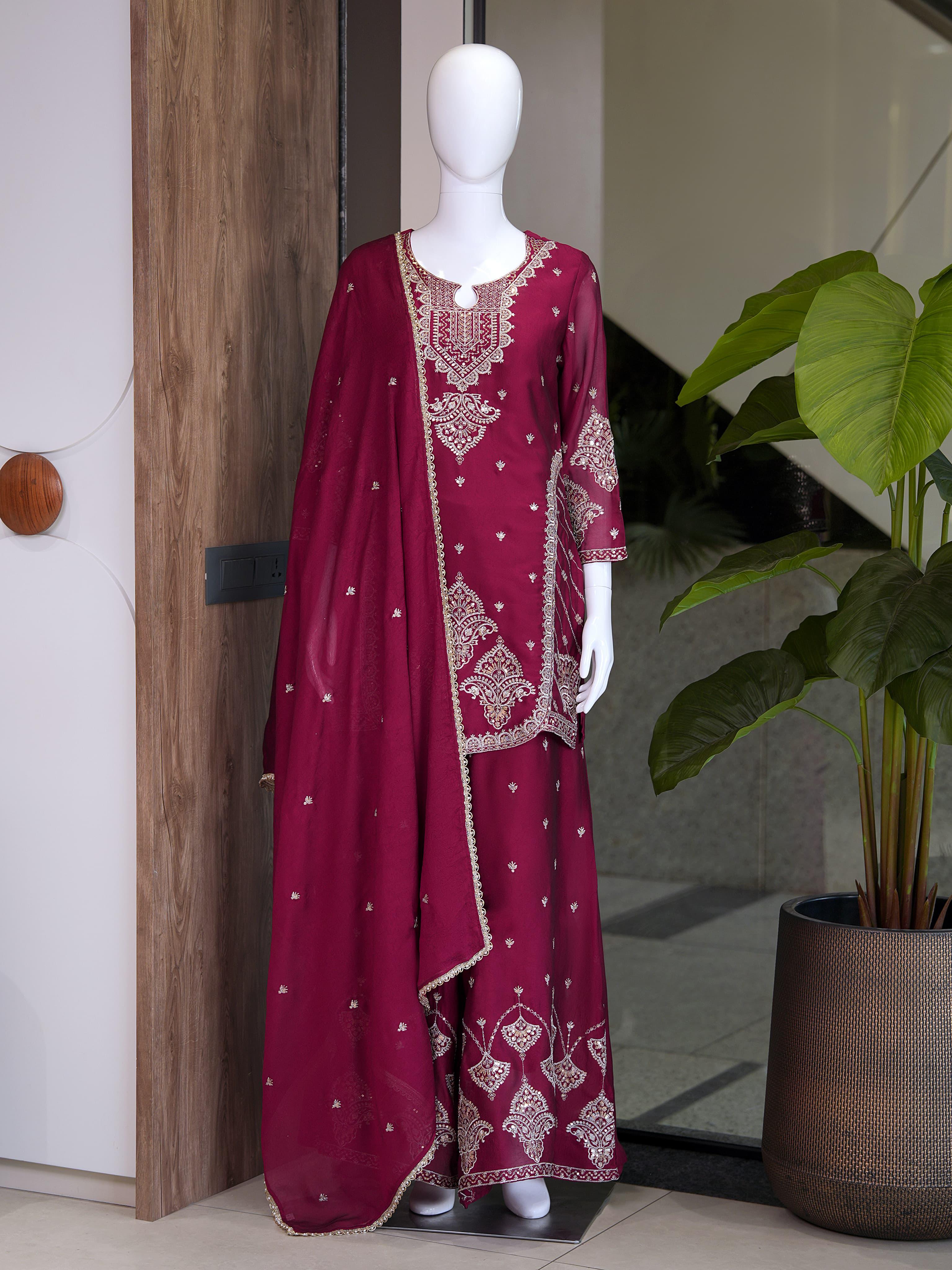 Luxury Maroon Embroidered Sharara Set For Women