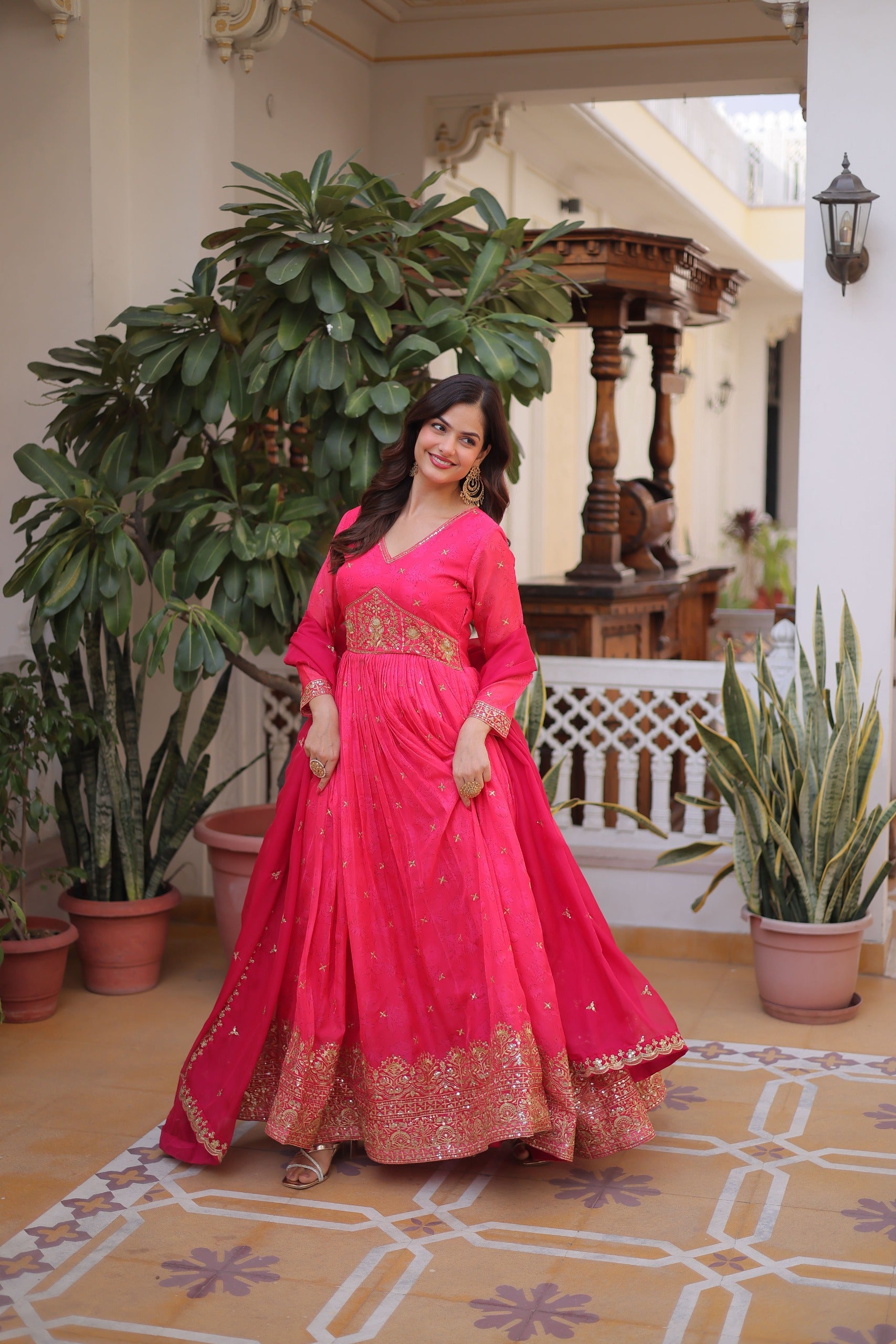 Digital Printed Russian silk With Embroidery Zari Sequins-work