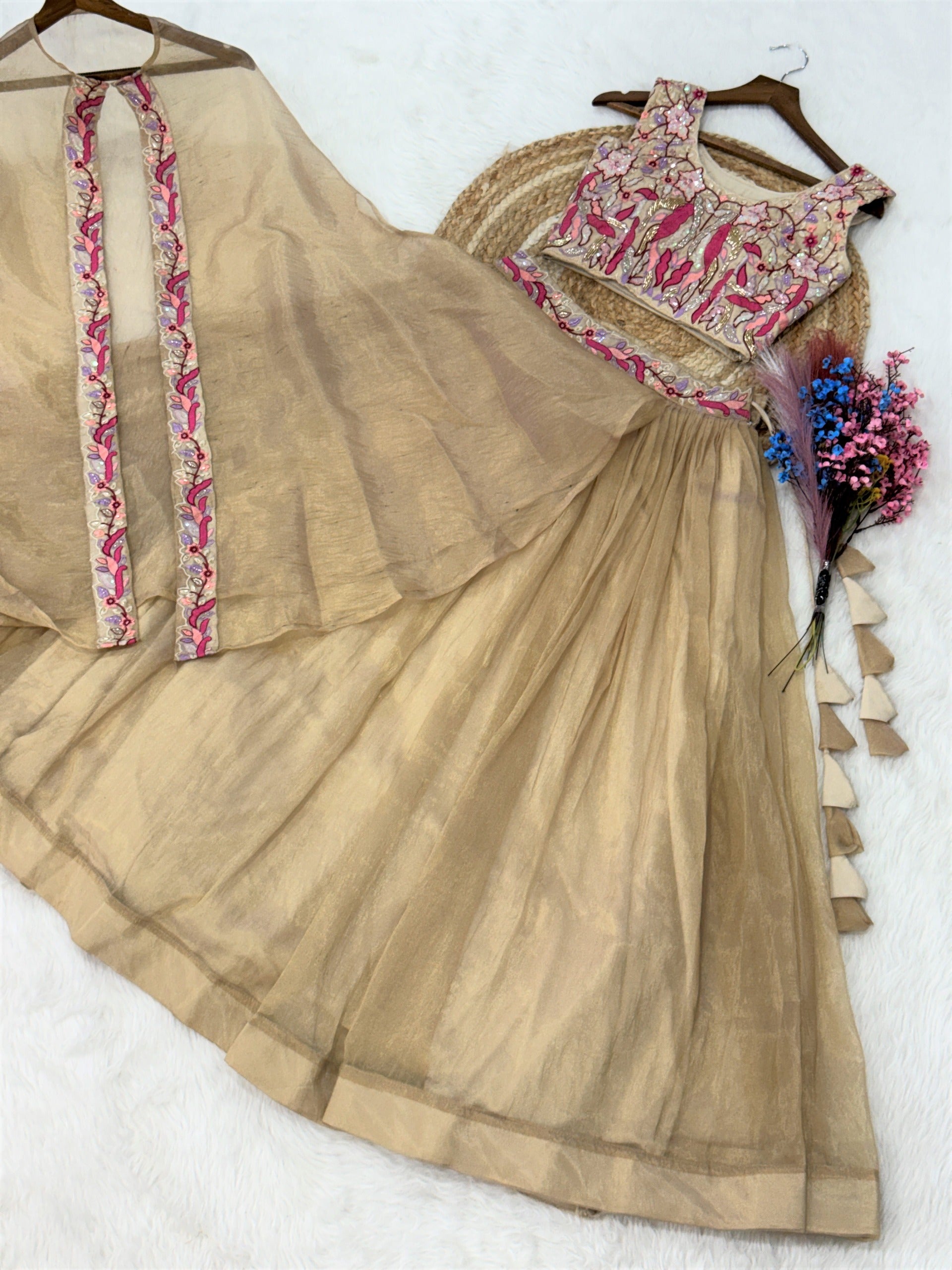 Sindur silk,Beads Embroidered work.  LEHENGA CHOLI ✨