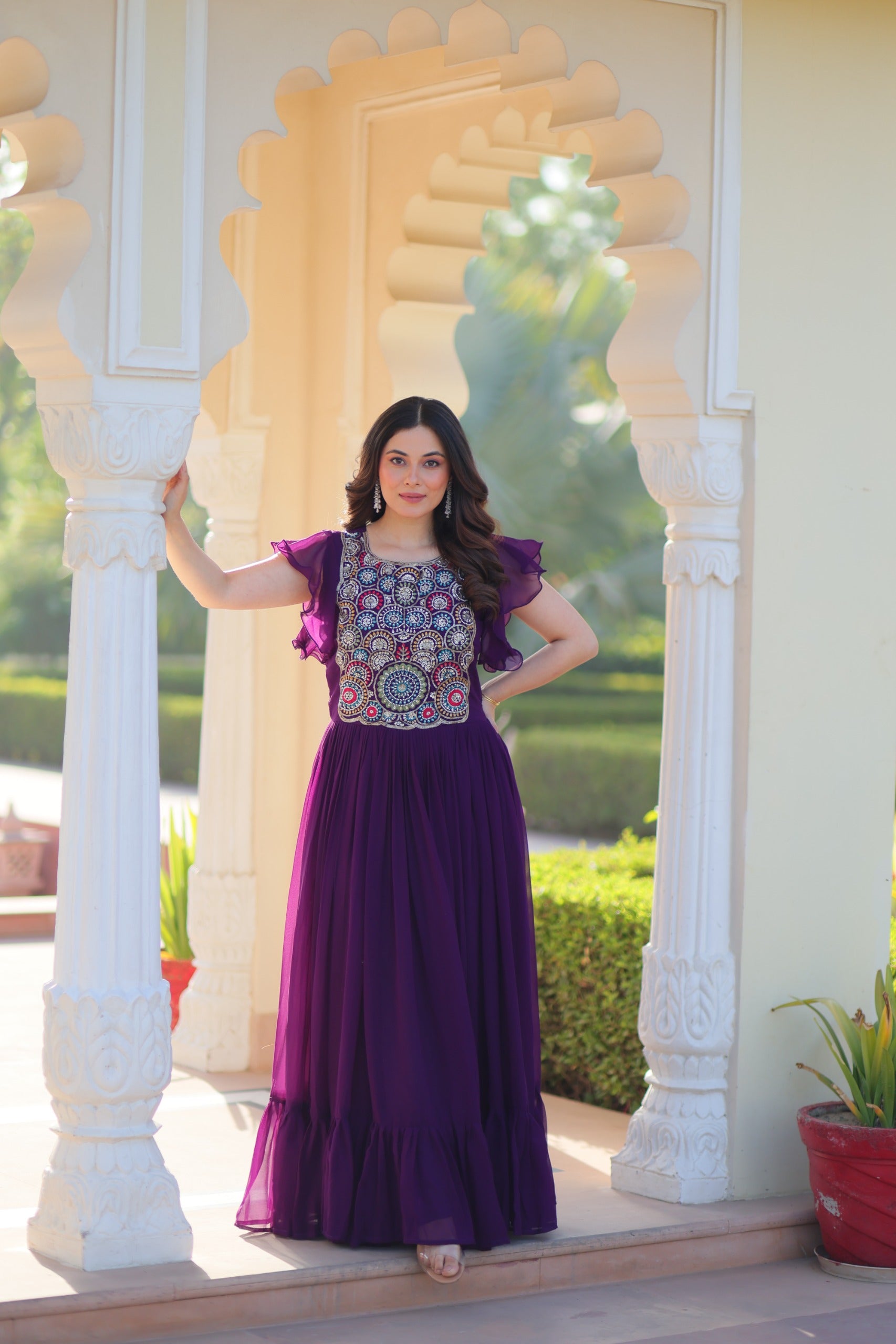 Flutter Sleeve Embroidered Anarkali Gown