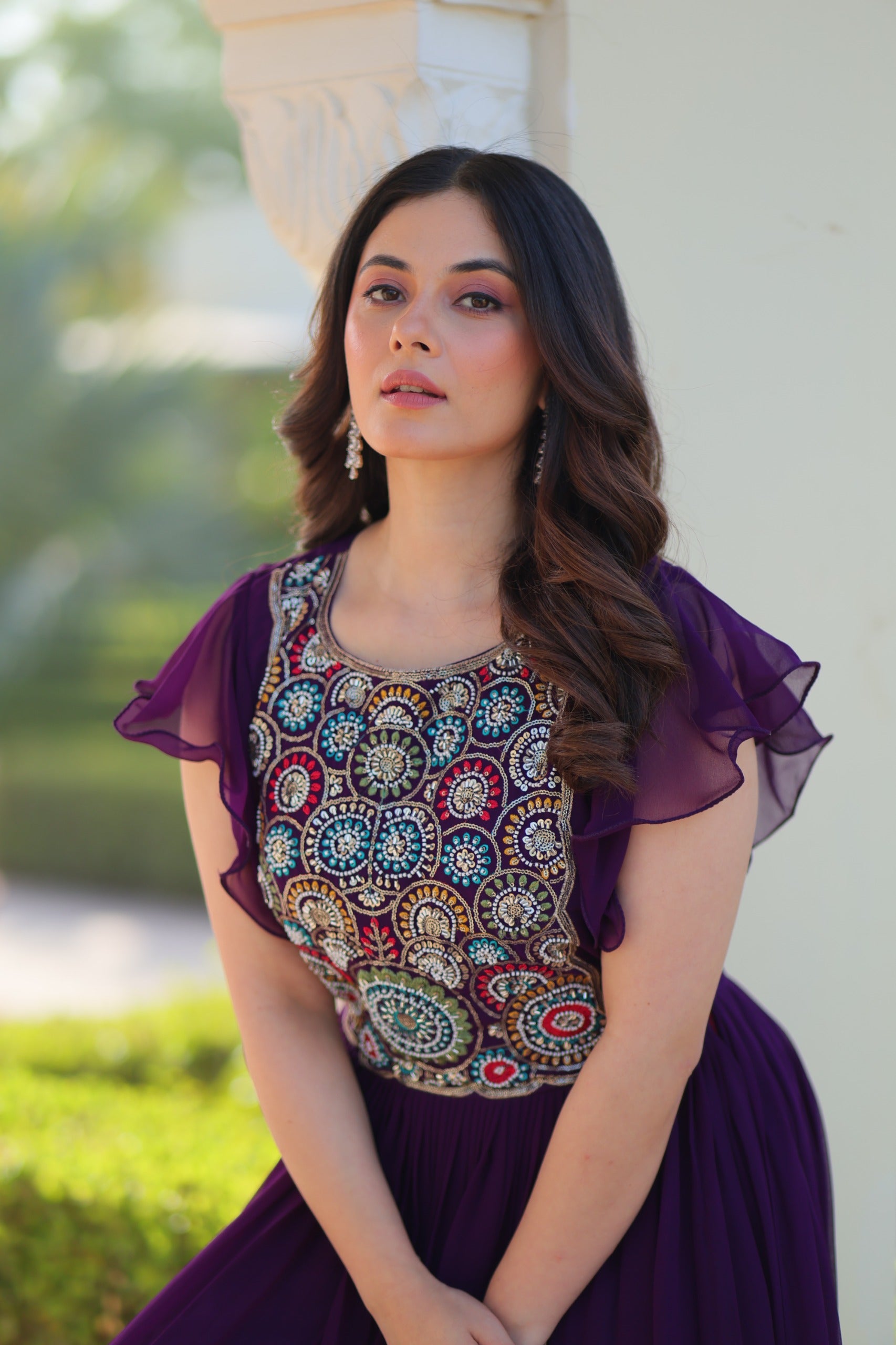 Flutter Sleeve Embroidered Anarkali Gown